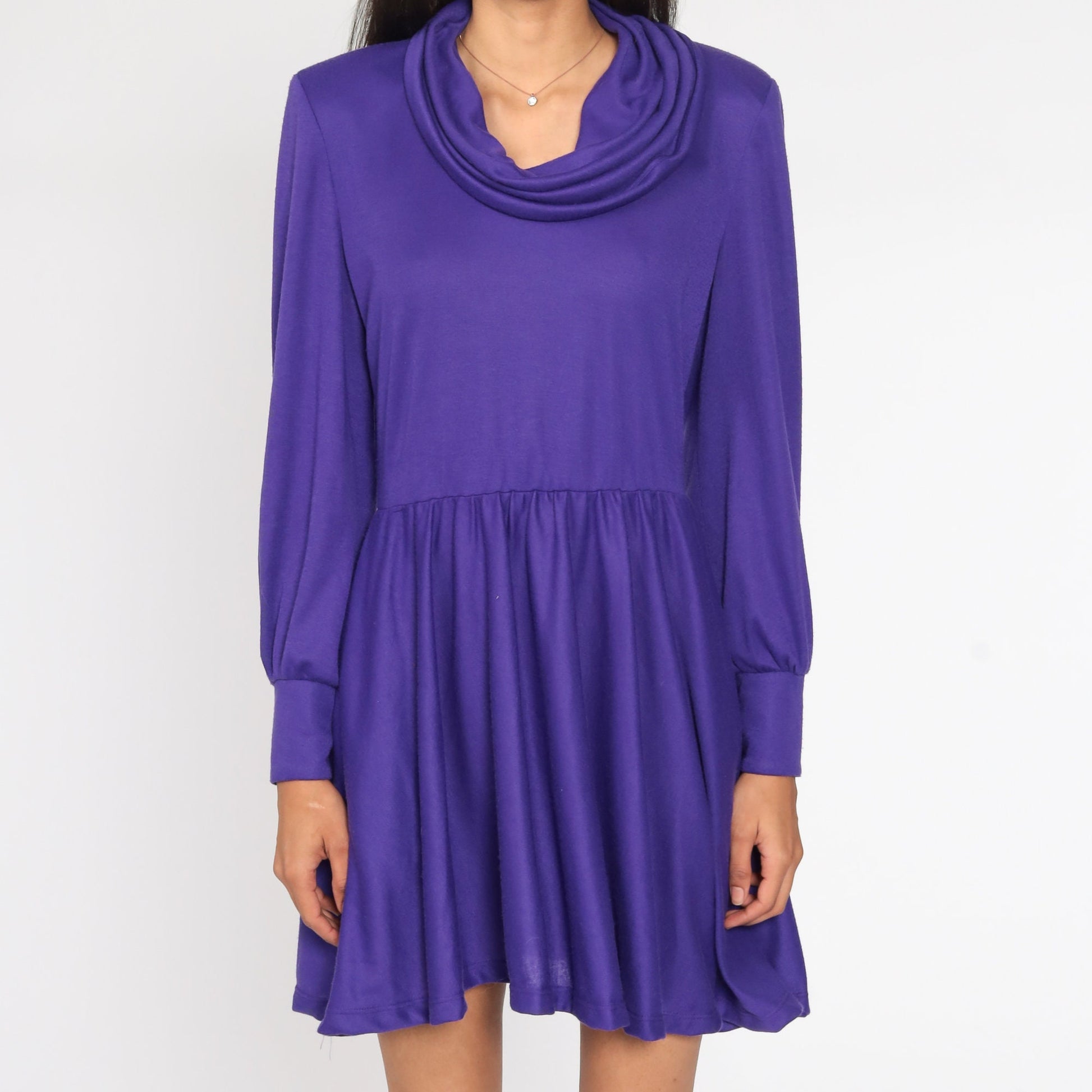 80s Purple Cowl Neck Mini Dress Long Sleeve High Waisted Medium Large