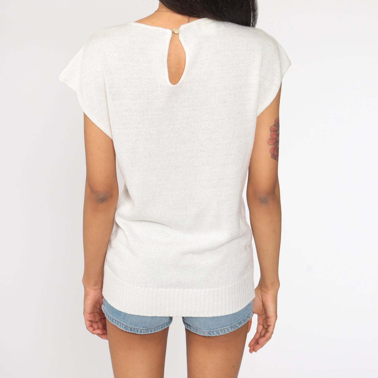 80s Knit Sweater Top Bow Cap Sleeve White Medium