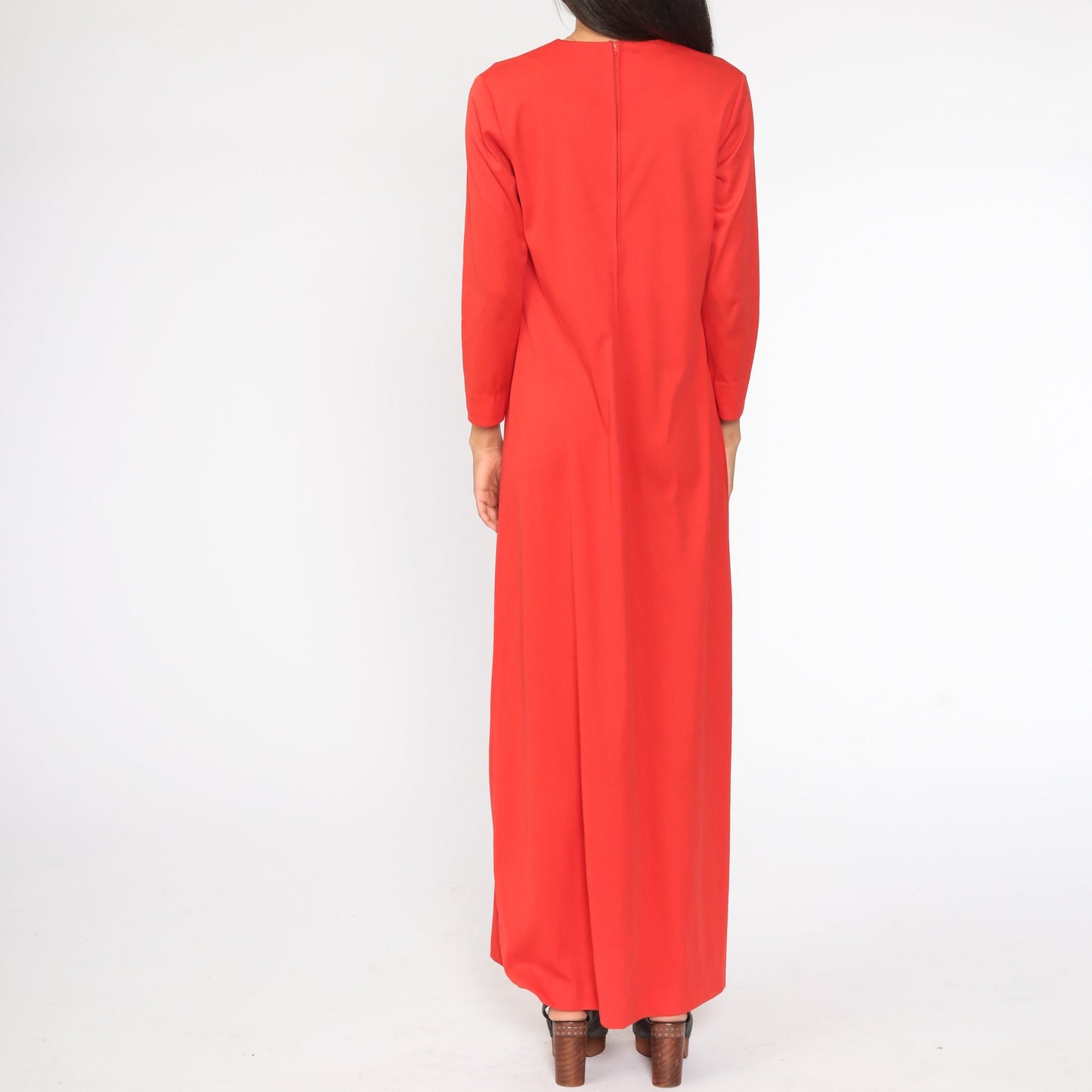 70s Red Abstract Graphic Maxi Dress Long Sleeve V Neck Medium