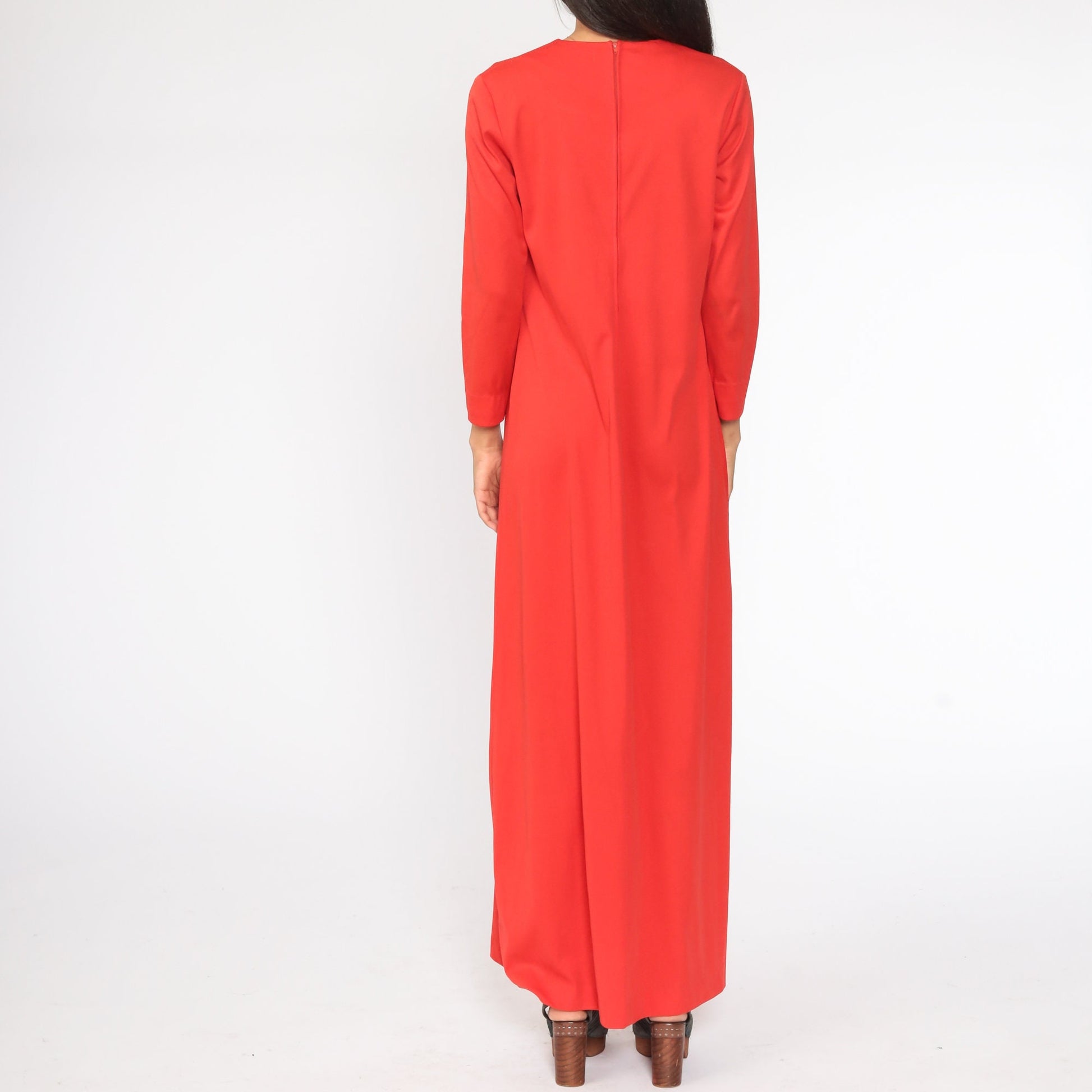 70s Red Abstract Graphic Maxi Dress Long Sleeve V Neck Medium