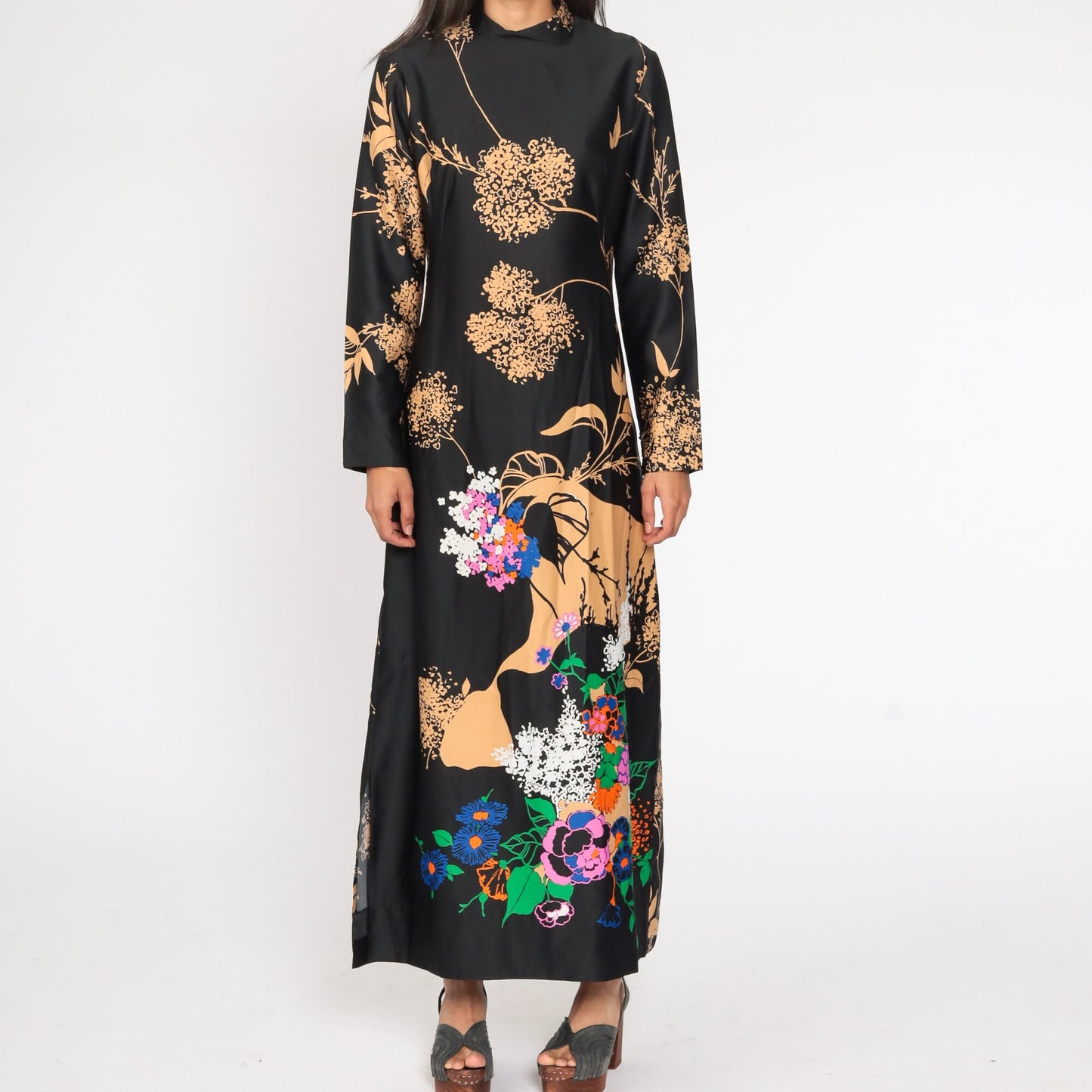70s Tori Richard Hawaiian Floral Maxi Dress Black High Neck Long Sleeve Medium Large
