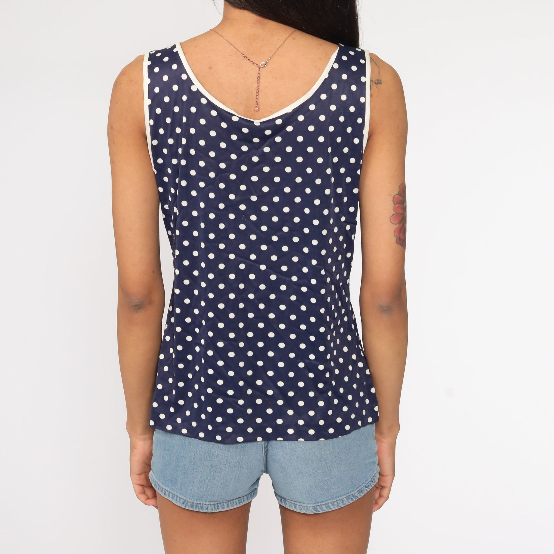 70s Dark Blue Polka Dot Tank Top Sleeveless Shirt Medium