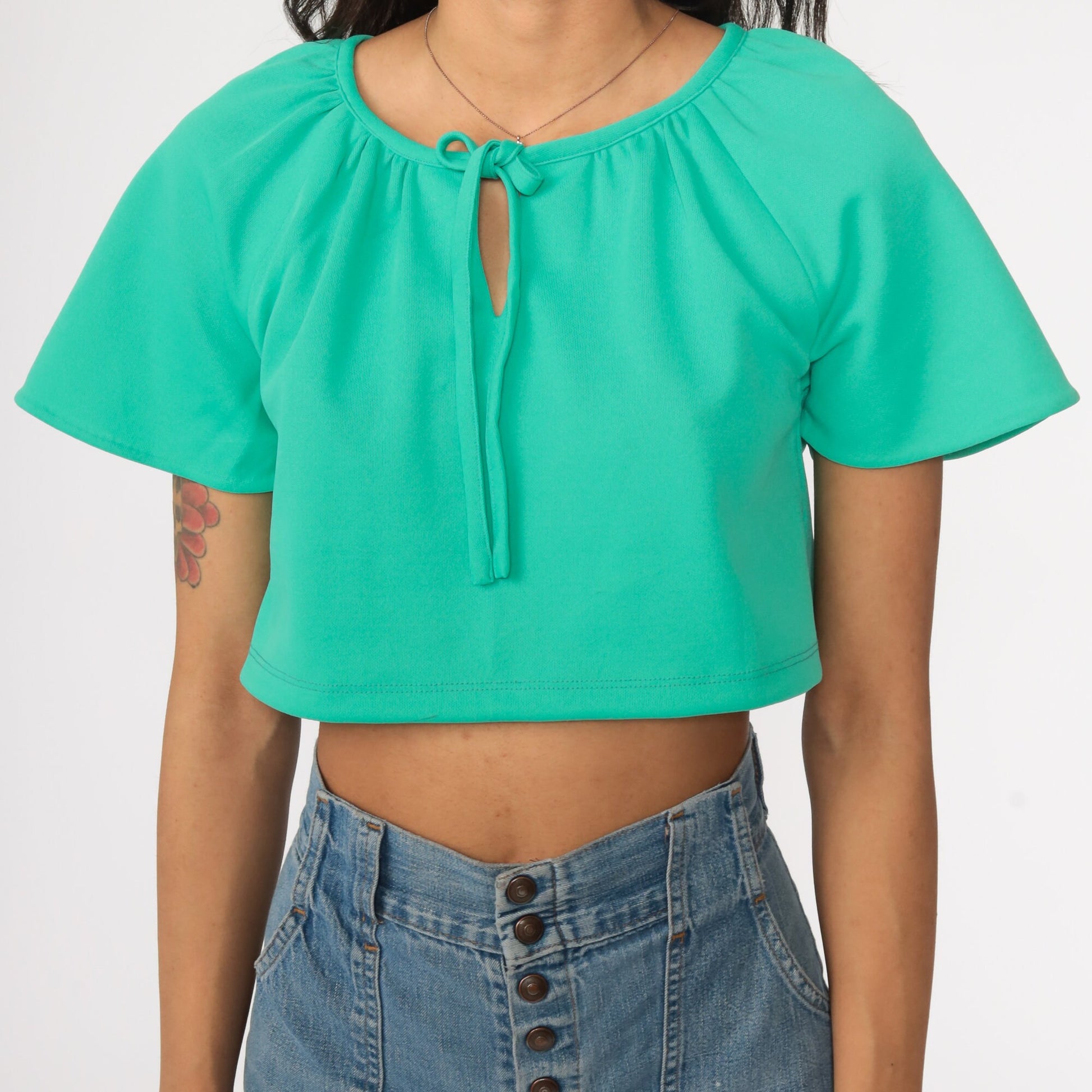 70s Green Crop Top Keyhole Neck Flutter Sleeve Blouse Small