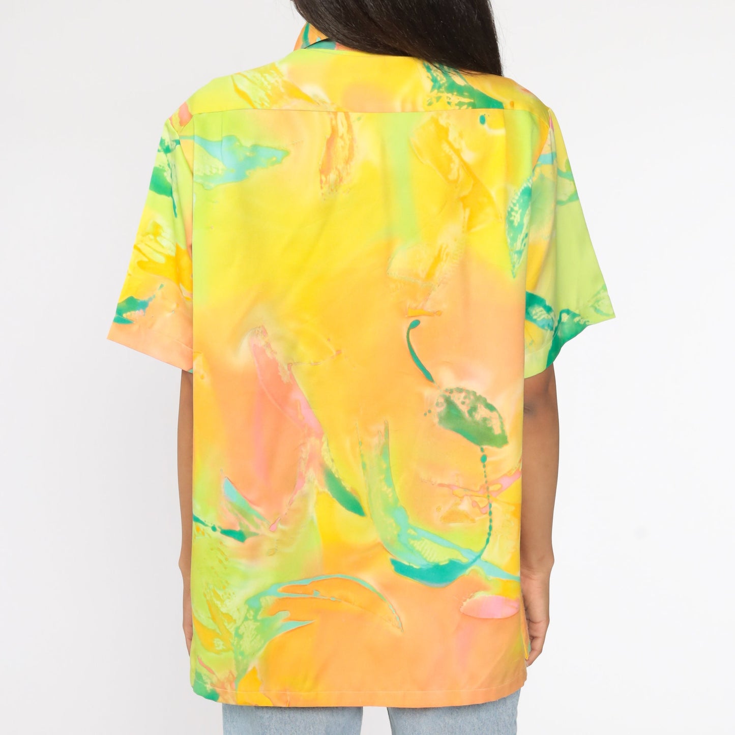 70s Psychedelic Print Button-Up Shirt Neon Yellow Short Sleeve Extra Large