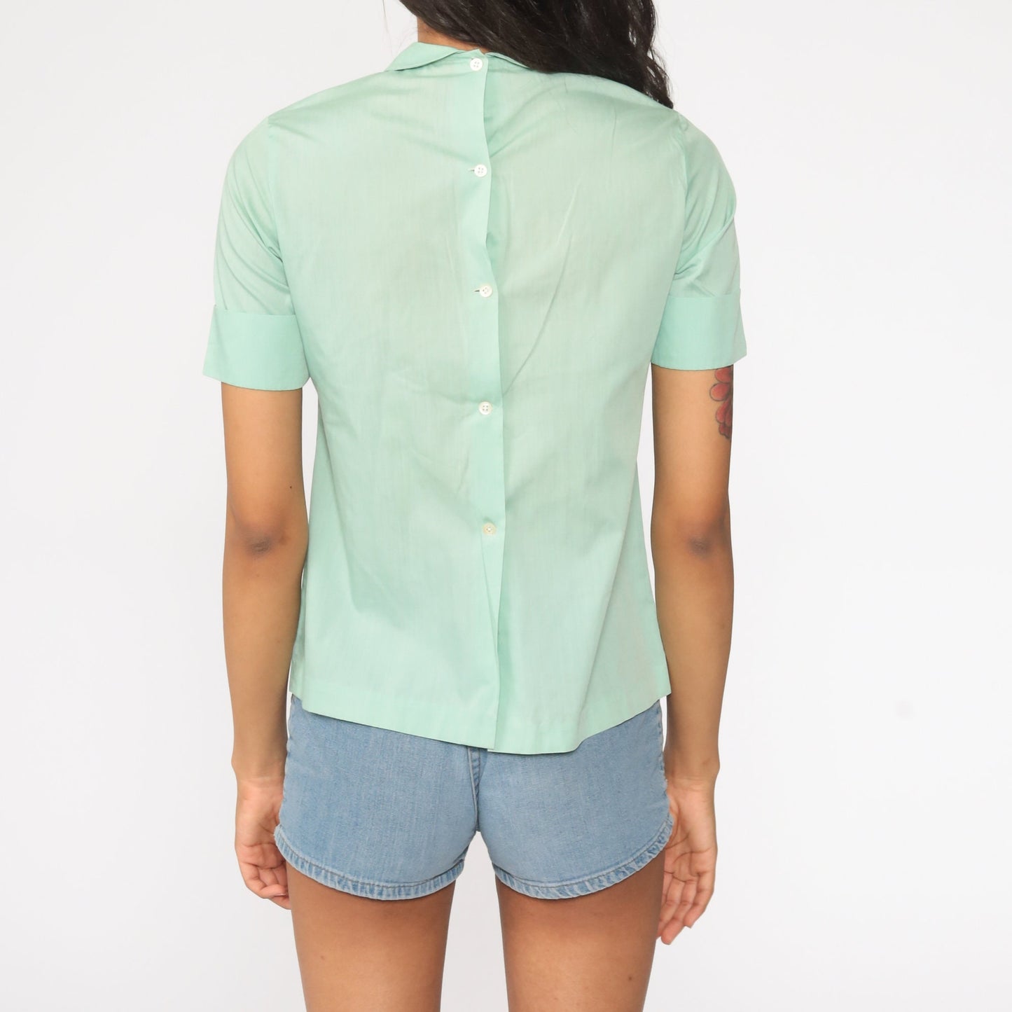 60s Peter Pan Collar Blouse Green Lace Trim Button Back Small