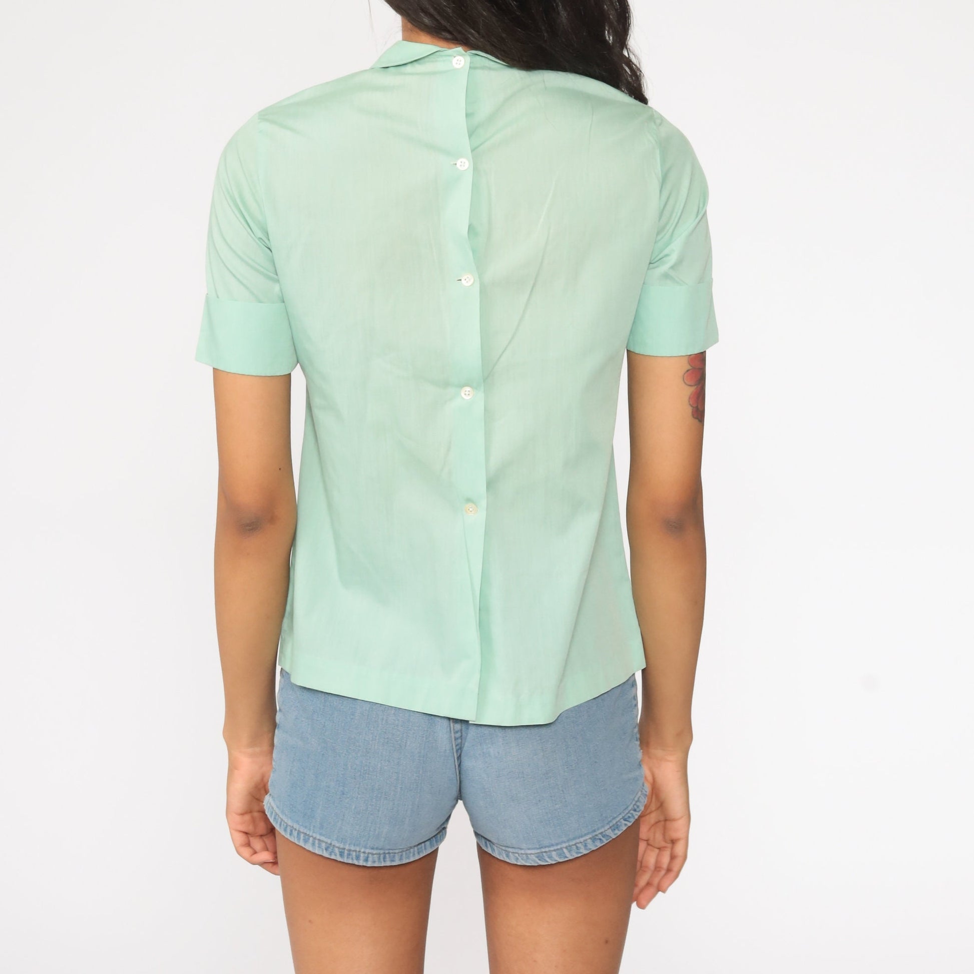 60s Peter Pan Collar Blouse Green Lace Trim Button Back Small