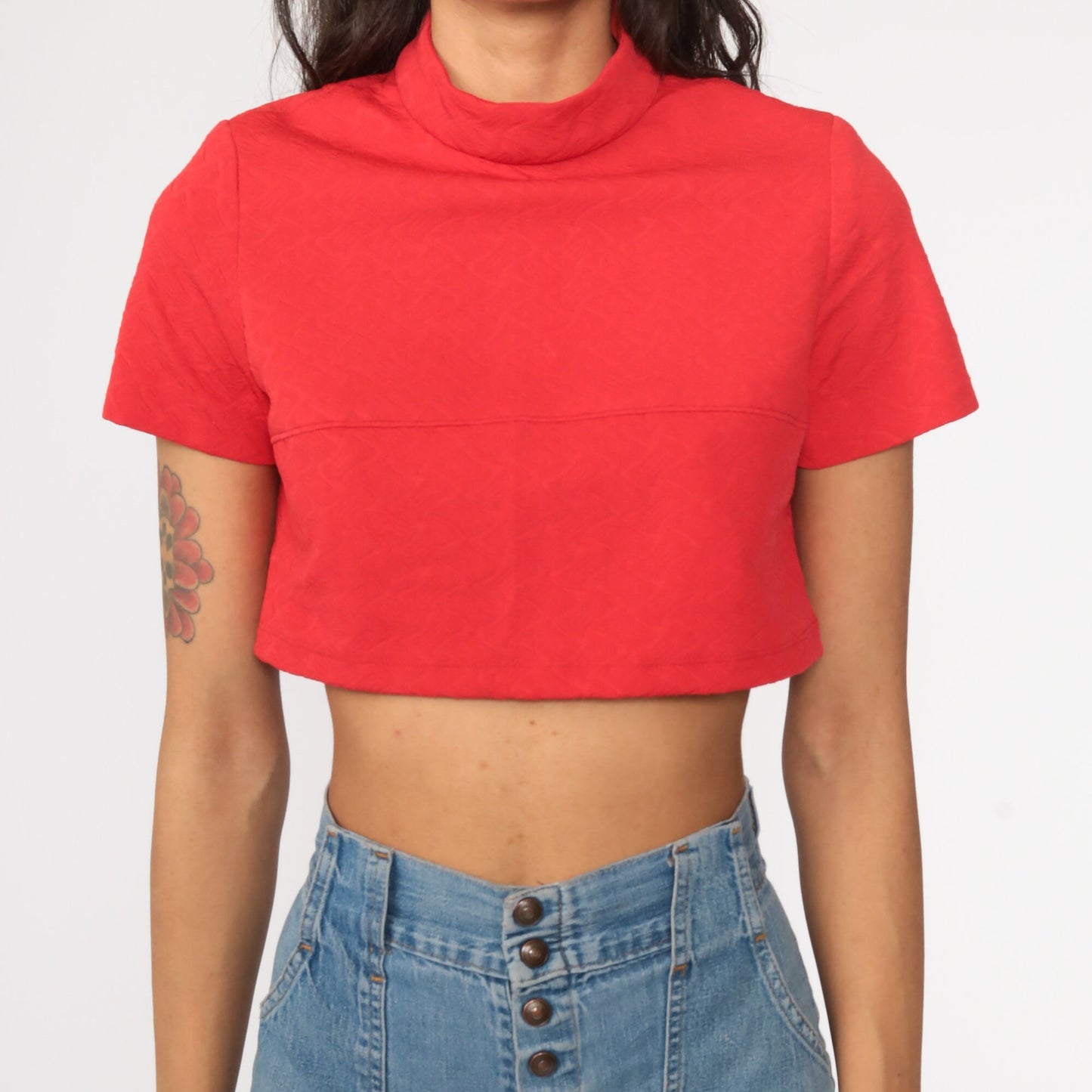 70s Red Mock Neck Crop Top Short Sleeve Polyester Shirt Small