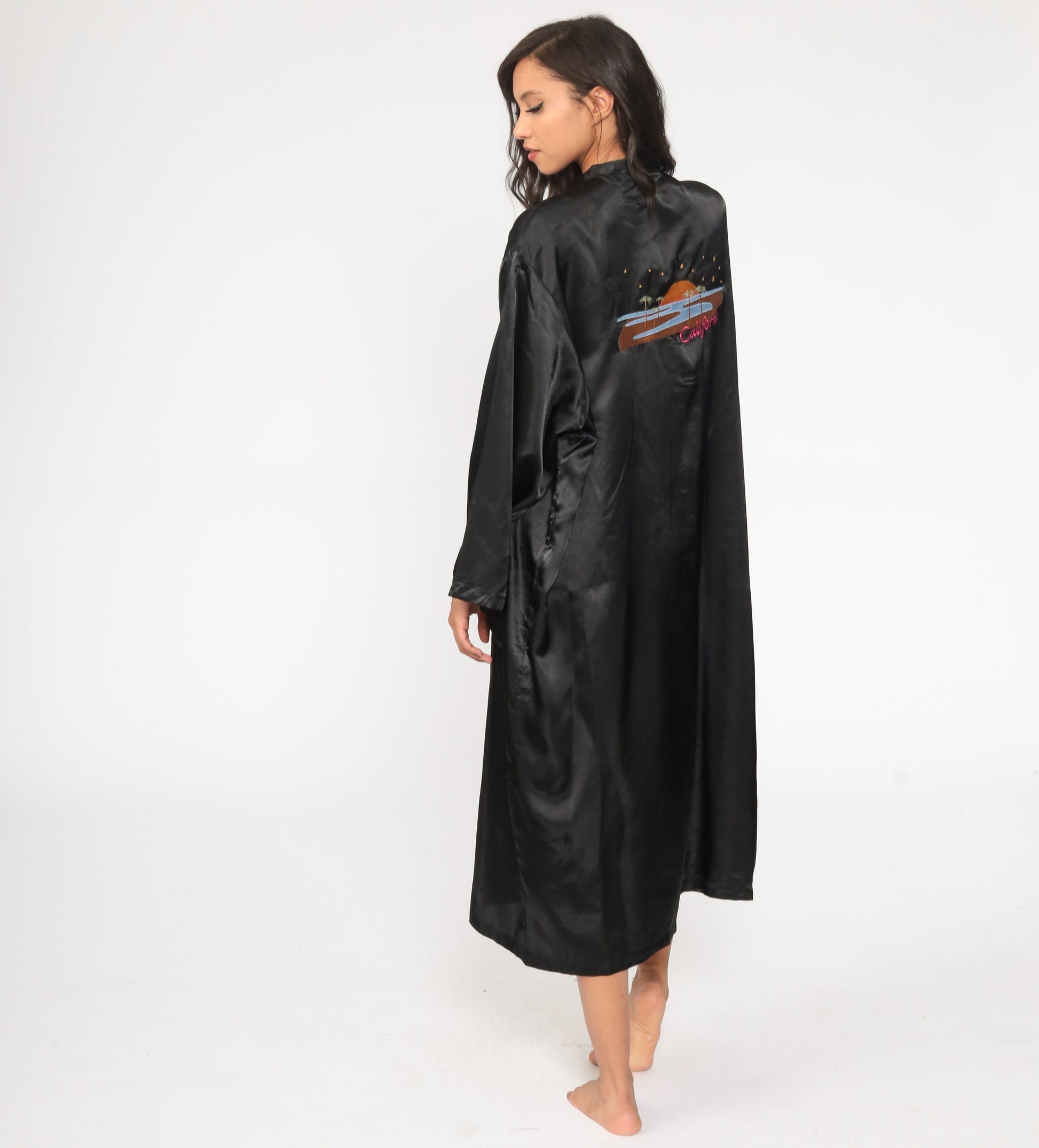 80s Black Satin California Embroidered Kimono Robe Maxi Wrap One Size