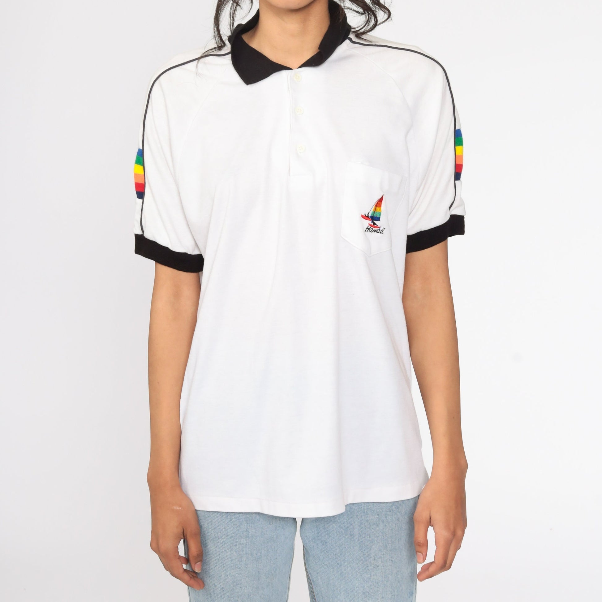 80s Hawaii Rainbow Sailboat Polo Shirt Striped Collared Half-Button Extra Large