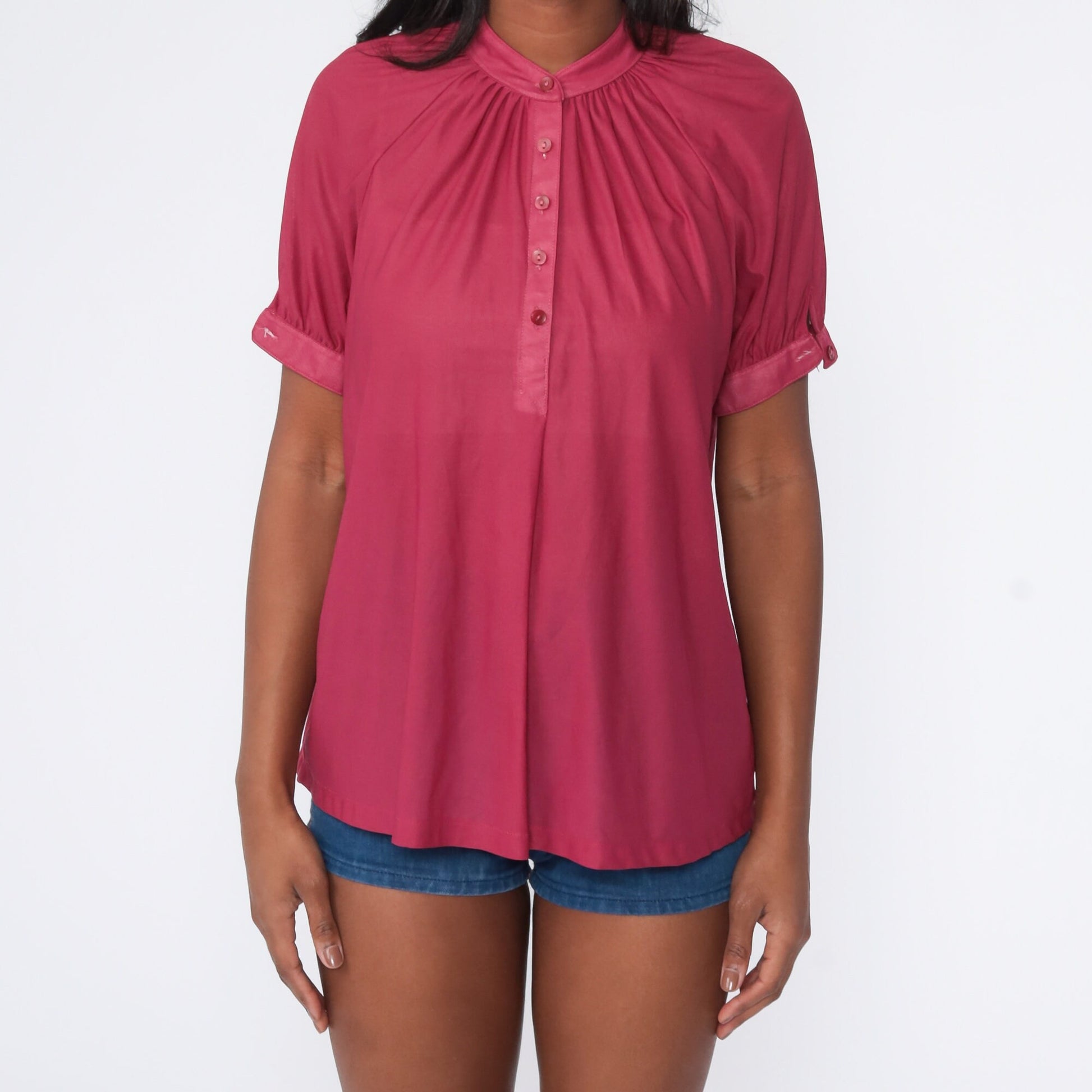 70s Deep Pink Button-Up Shirt Trapeze Cut Short Sleeve Medium