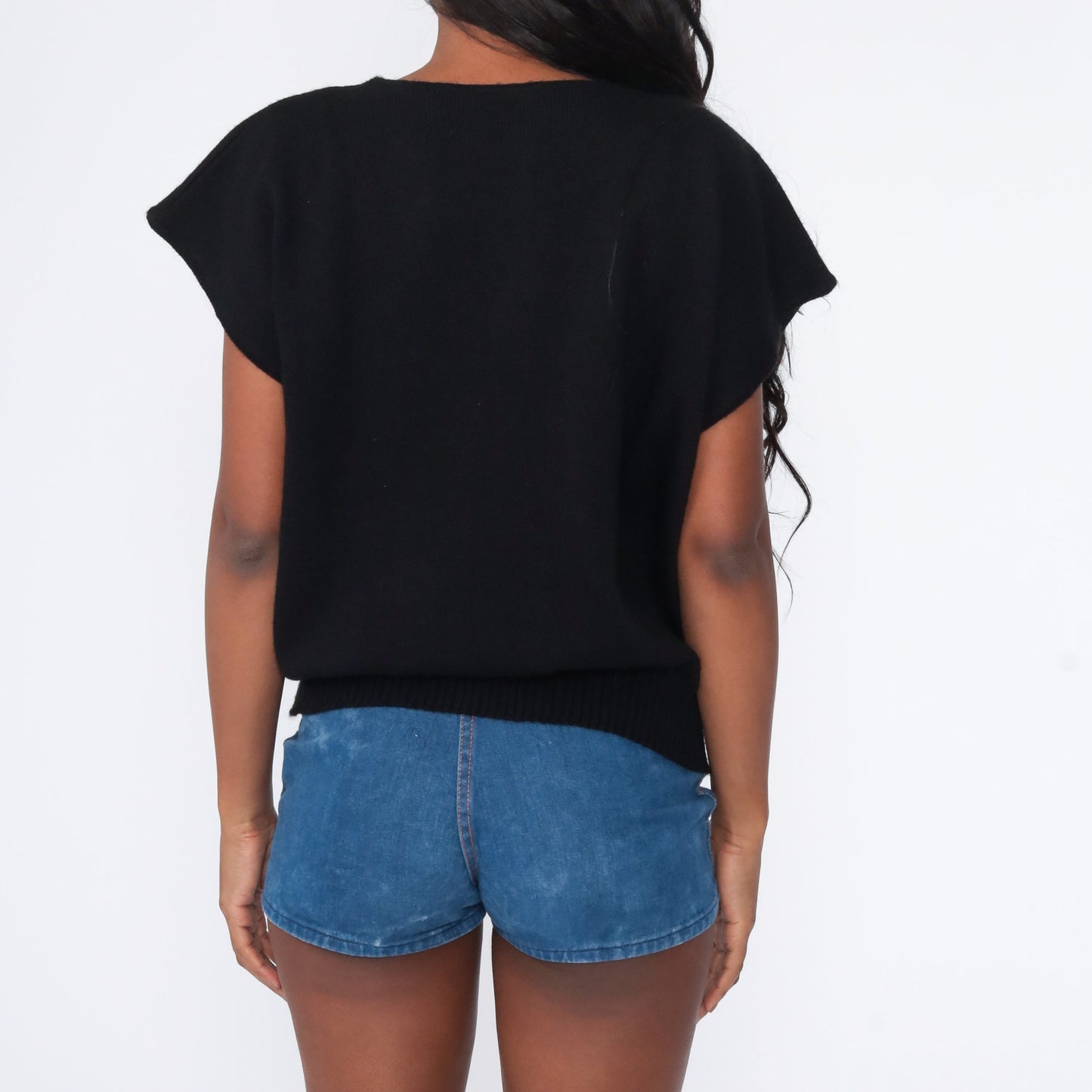 80s Floral Embroidered Black Knit Sweater Short Sleeve Top Large