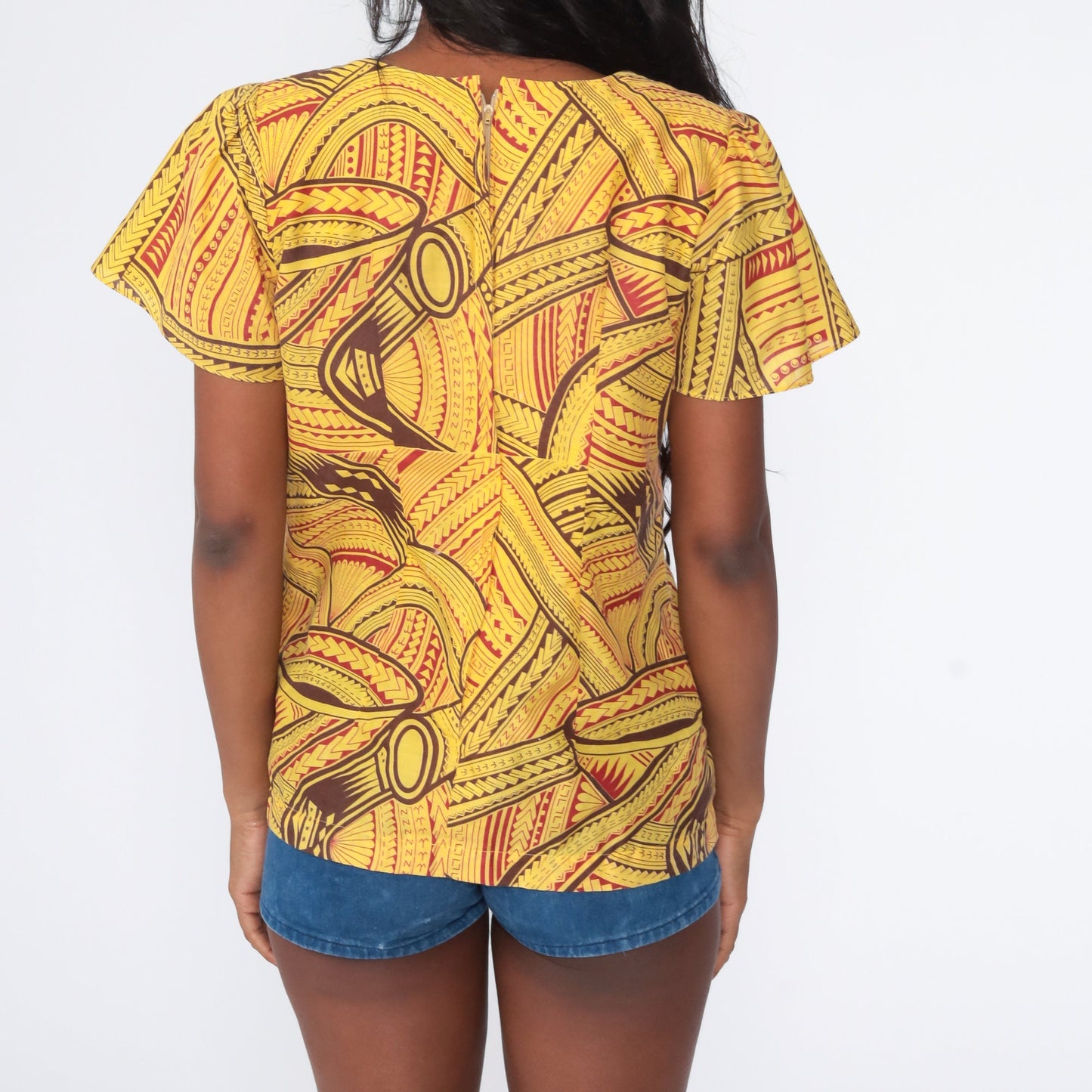 70s African Print Babydoll Top Yellow Puff Sleeve Empire Waist Medium