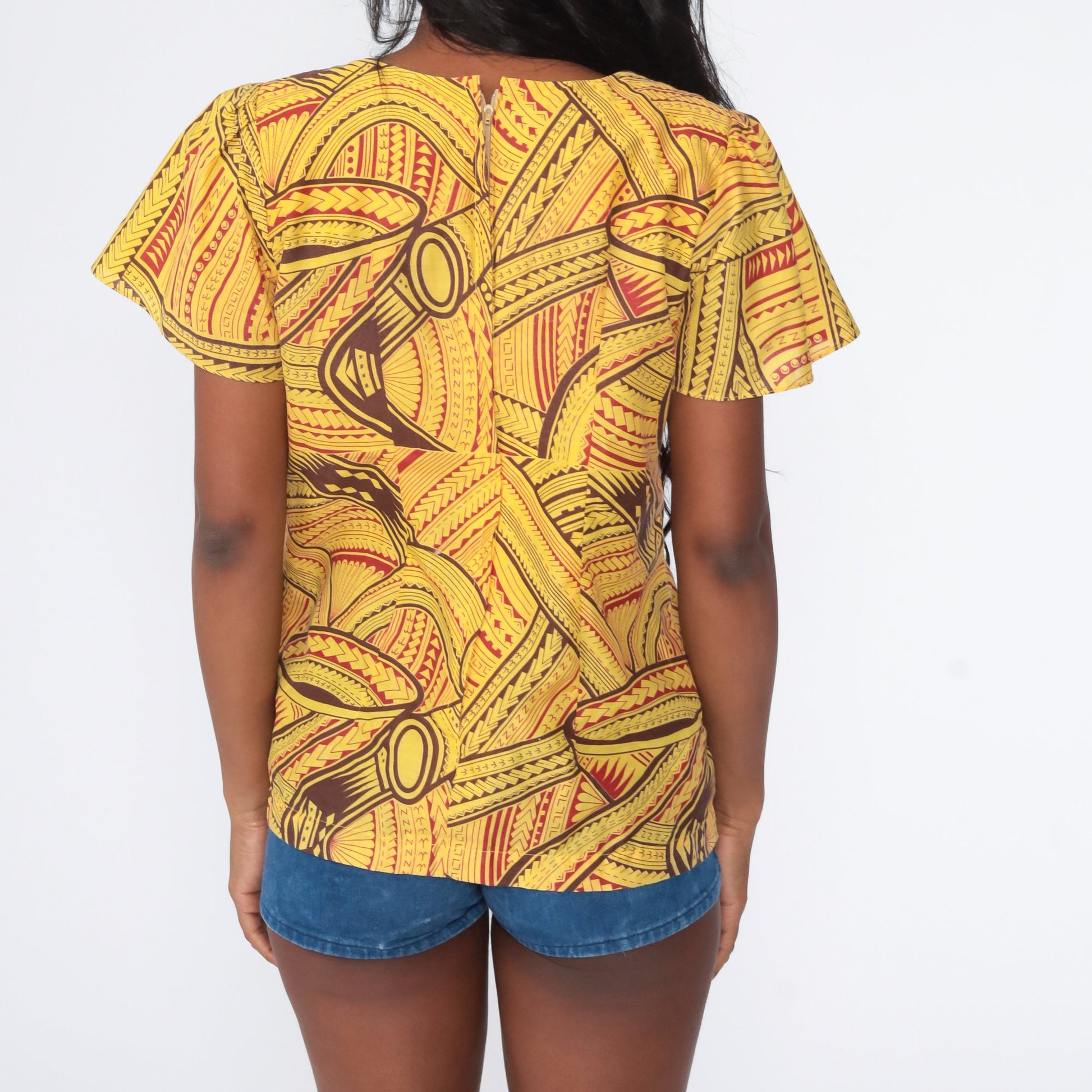 70s African Print Babydoll Top Yellow Puff Sleeve Empire Waist Medium