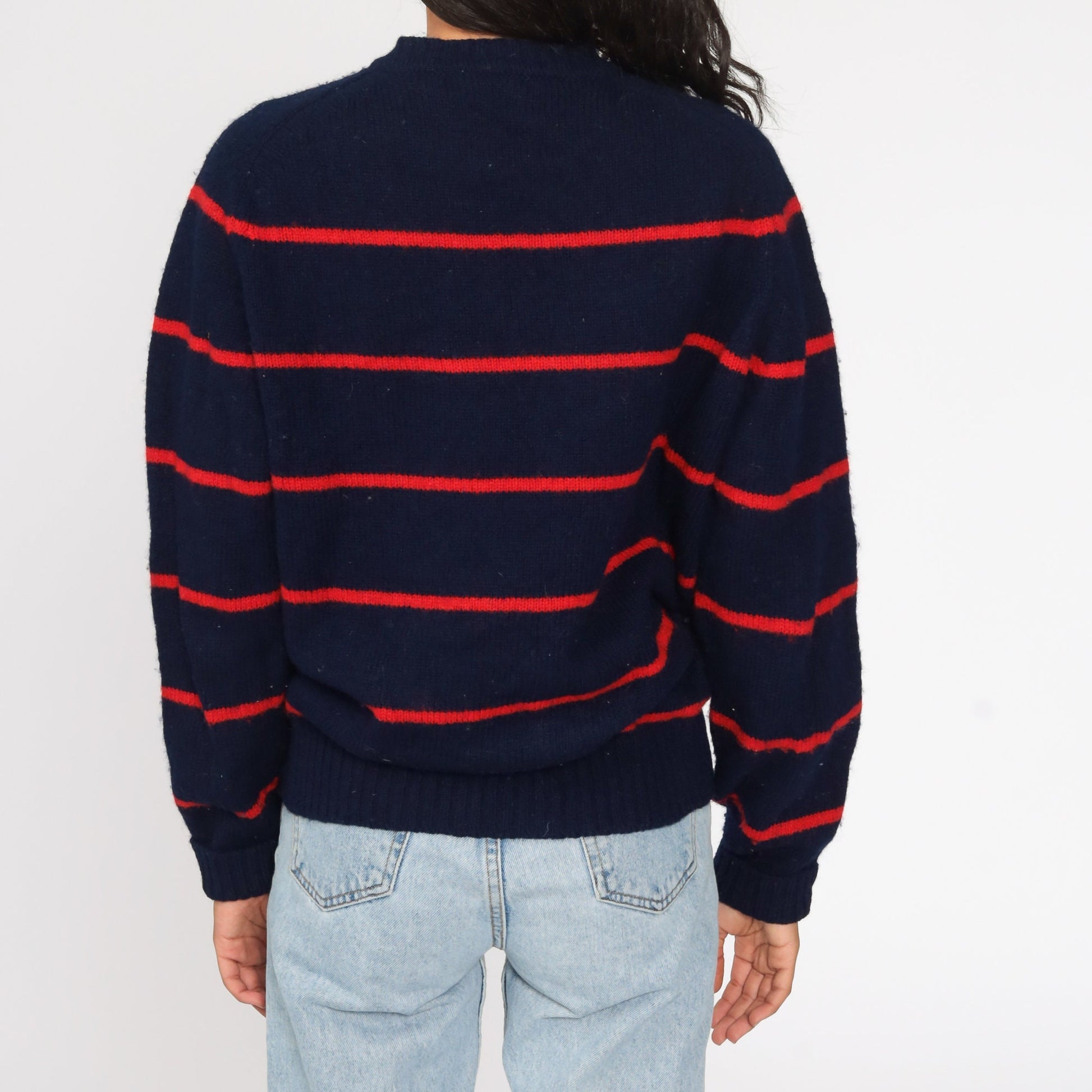 80s Blue and Red Striped Wool Pullover Sweater Knit Jumper Medium