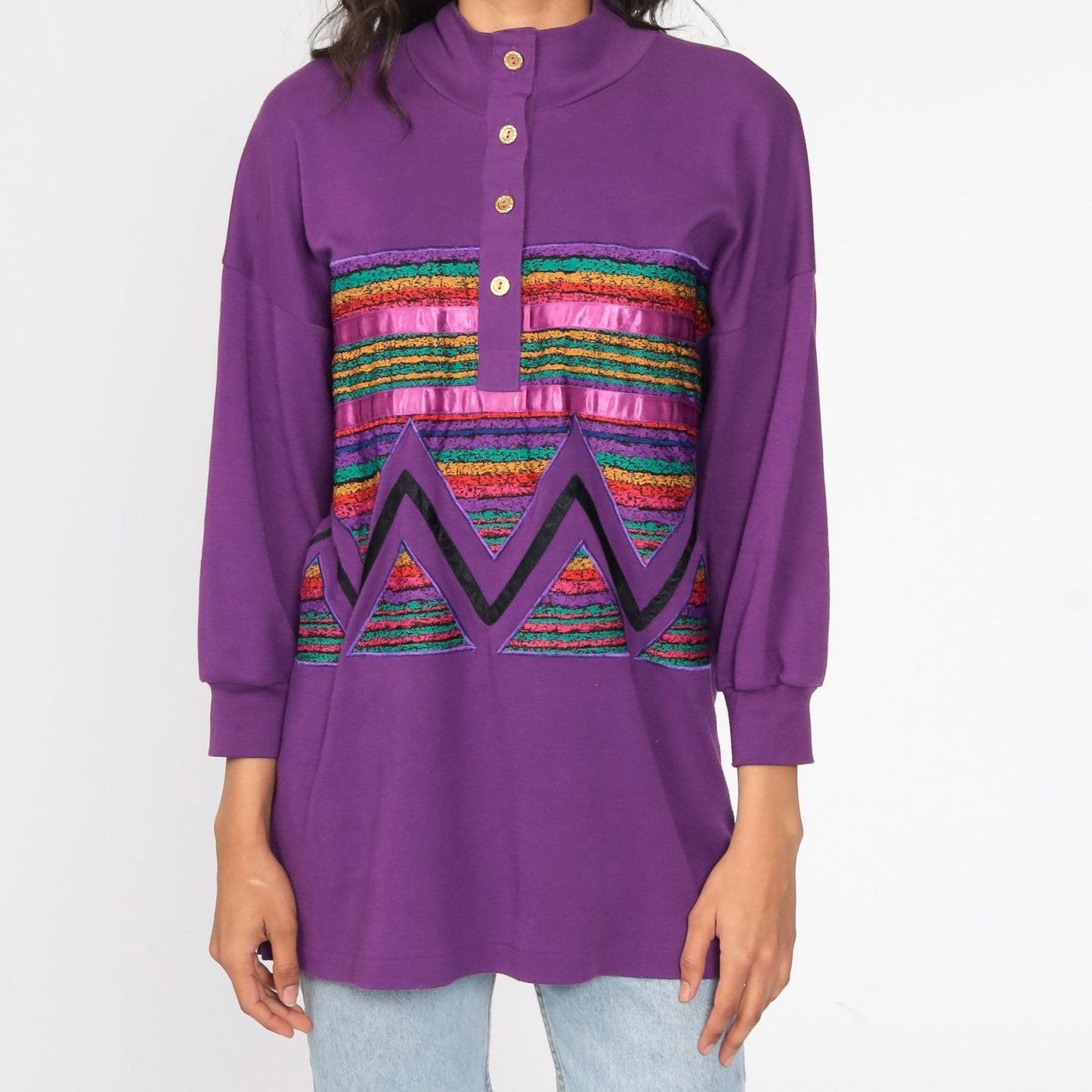 80s Purple Rainbow Striped Cotton Button-Up Blouse Mock Neck Medium