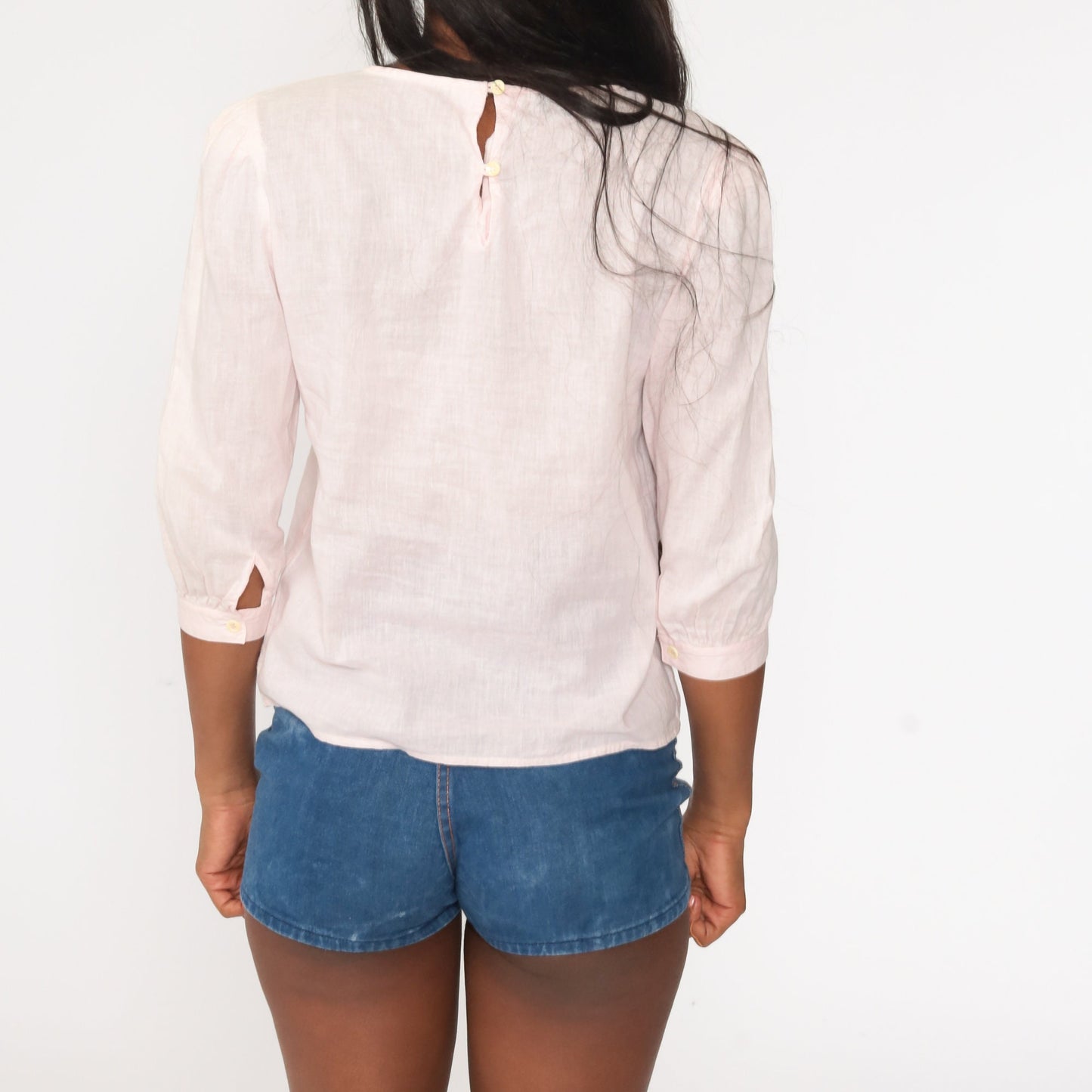 80s Pink Puff Sleeve Blouse Floral Embroidered Long Sleeve Small