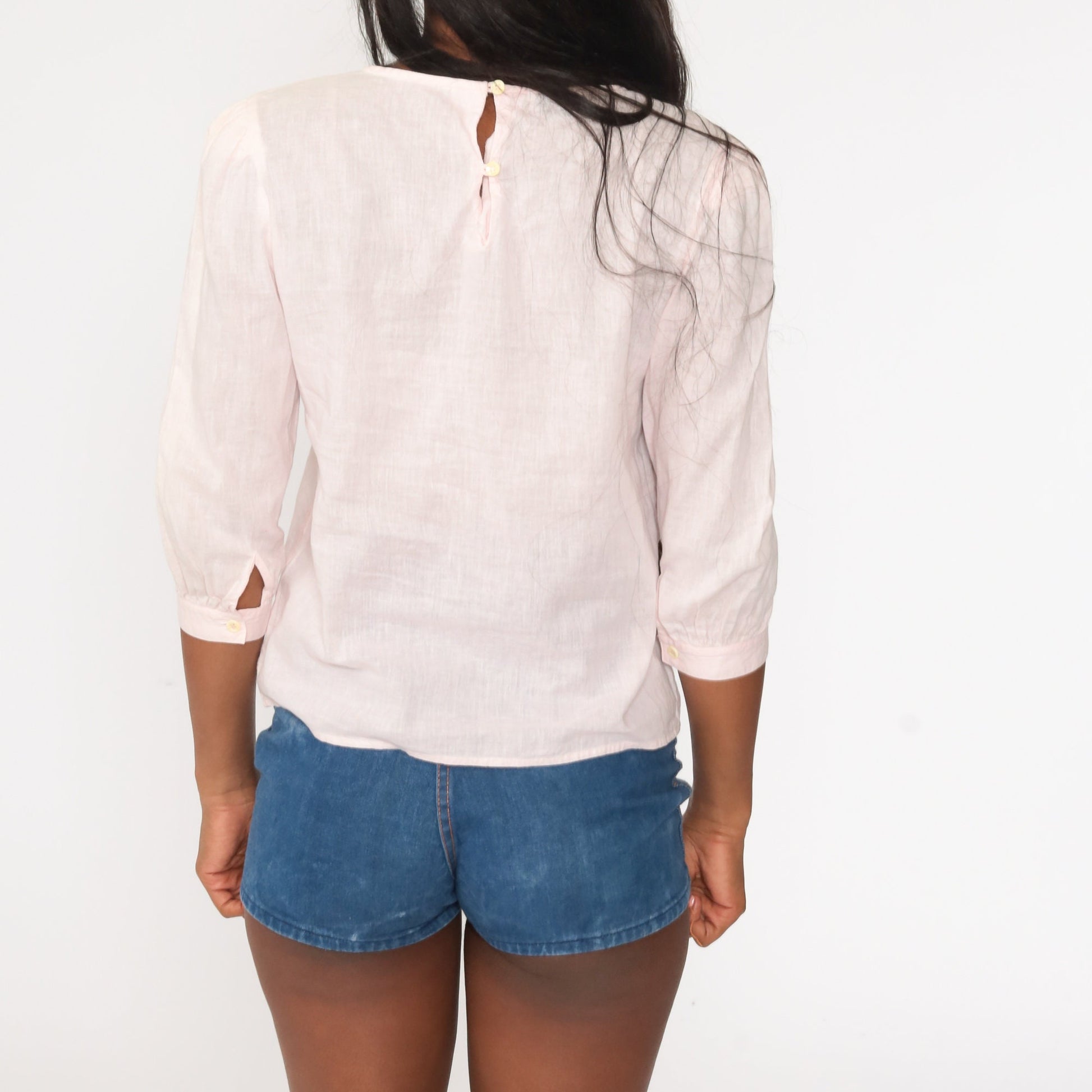 80s Pink Puff Sleeve Blouse Floral Embroidered Long Sleeve Small