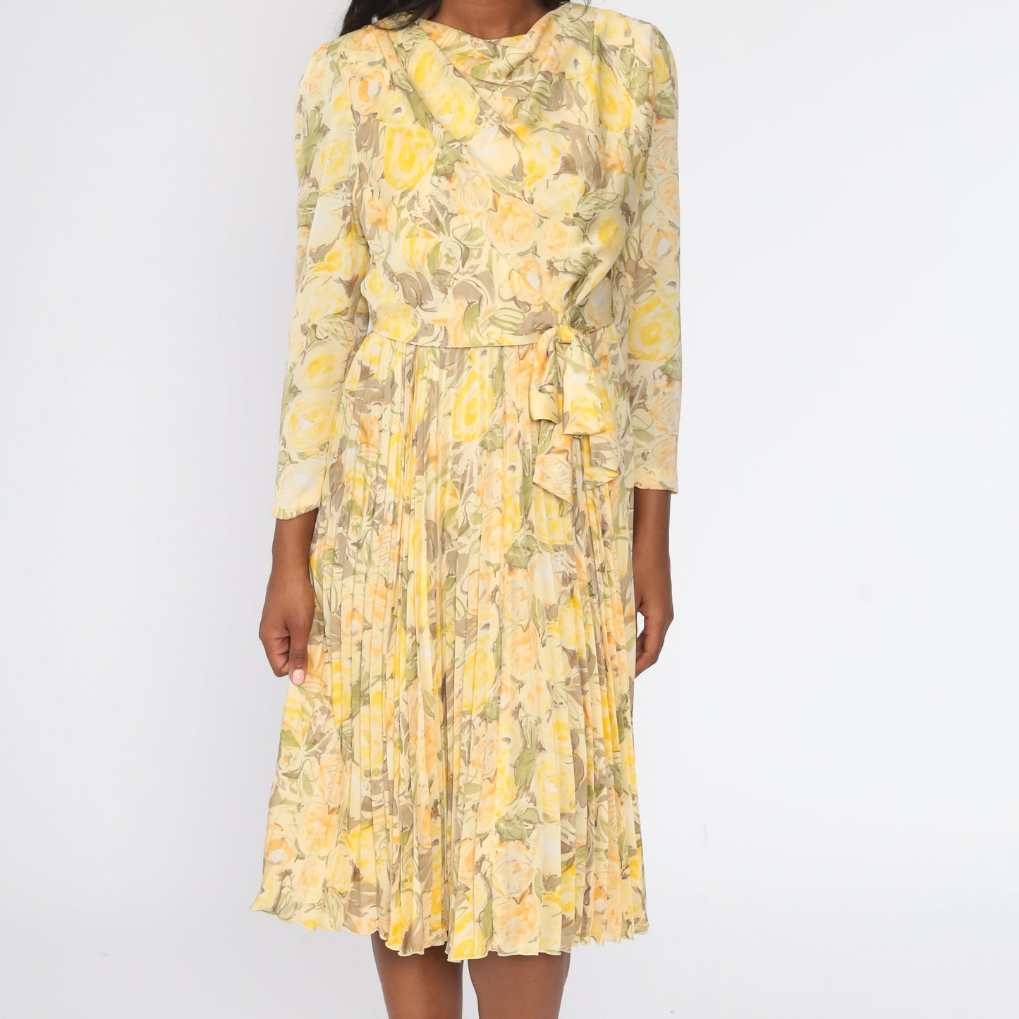 00s Yellow Floral Midi Dress Cowl Neck Pleated Long Sleeve Small S