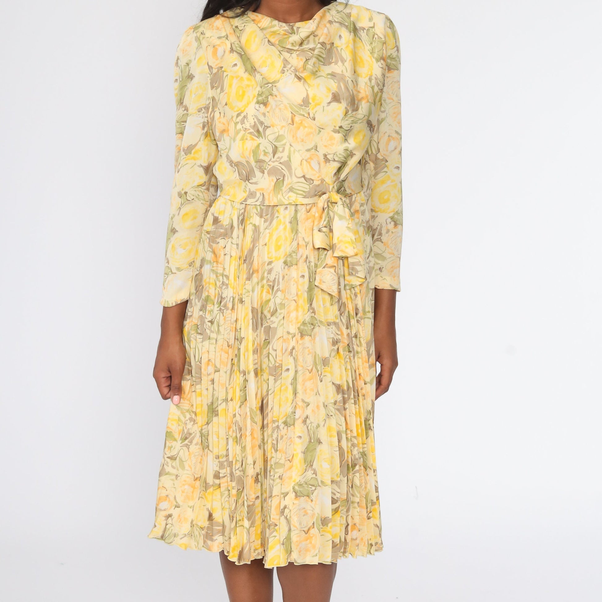 00s Yellow Floral Midi Dress Cowl Neck Pleated Long Sleeve Small S