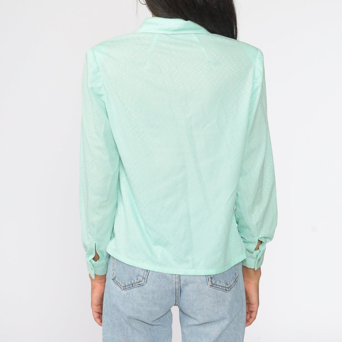 70s Mint Green Polka Dot Button-Up Blouse Long Sleeve Collar Medium