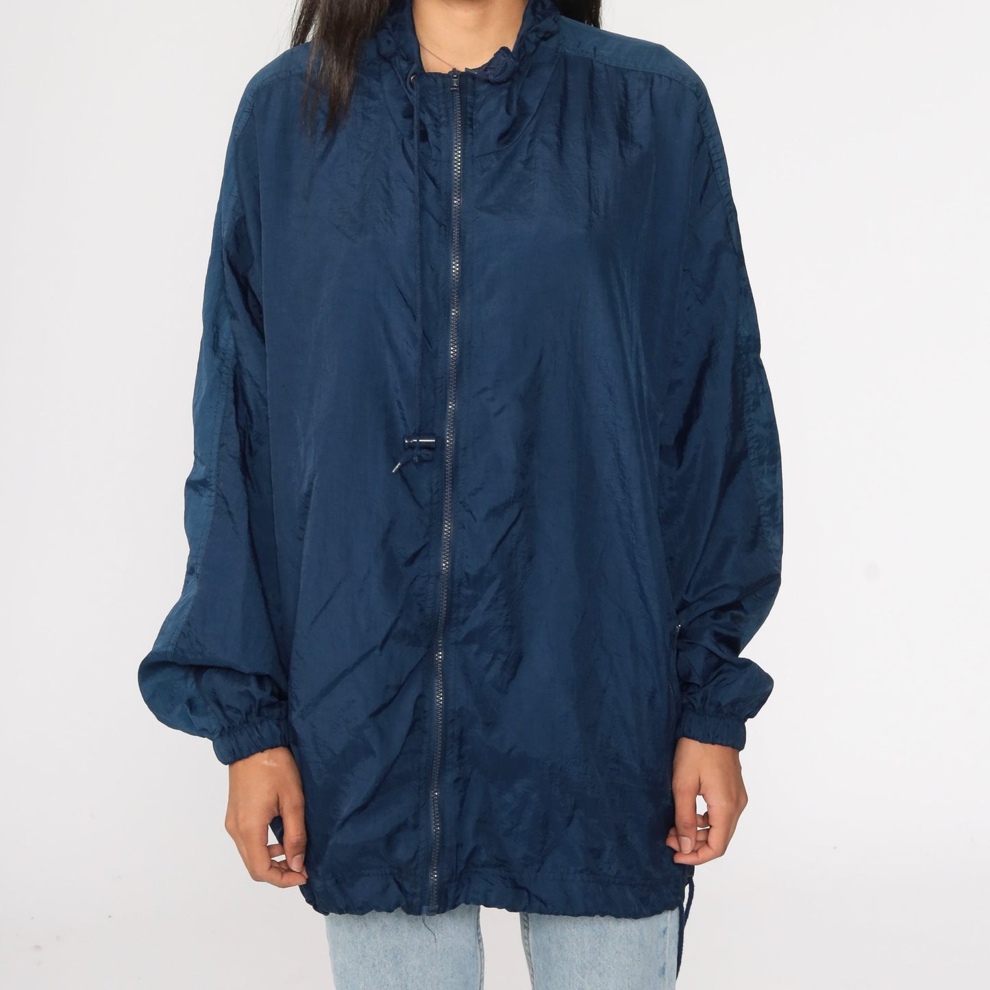 90s Navy Windbreaker Jacket Drawstring Neck Nylon Extra Large XL