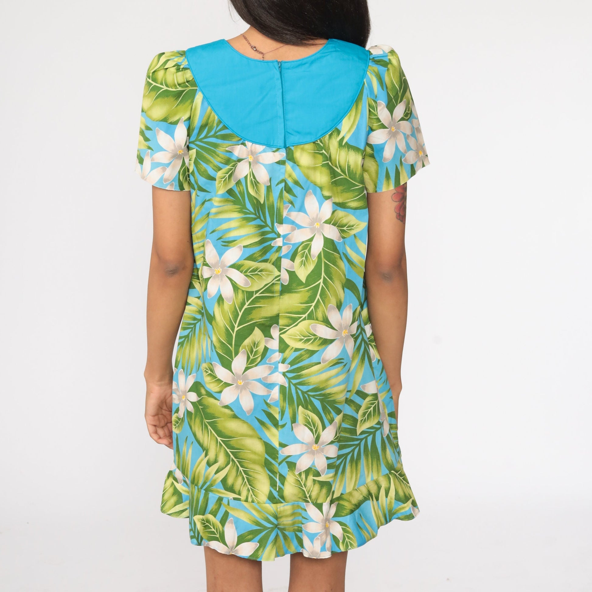 80s Floral Mini Dress Puff Sleeve Tent Cut Green Blue Extra Small