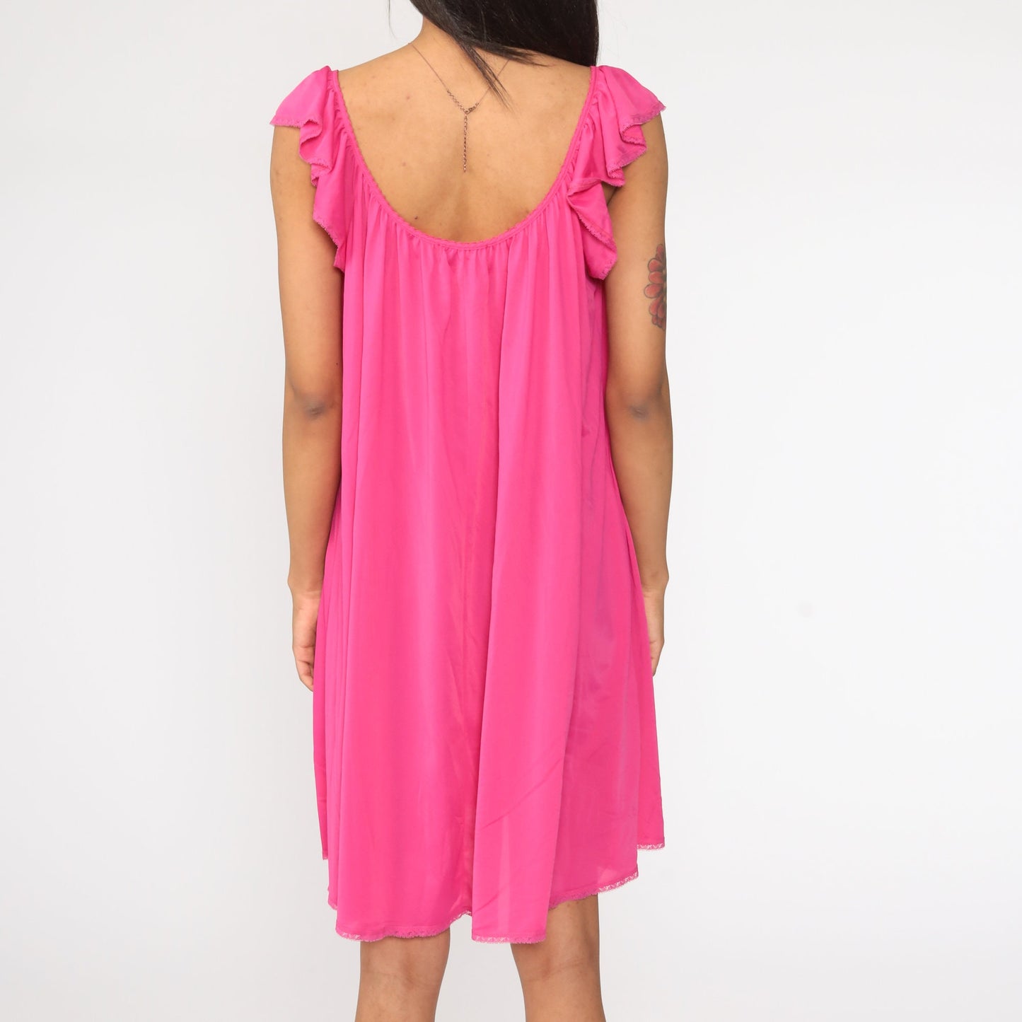 80s Bright Pink Nightgown Flutter Sleeve Tent Cut Nylon Nightie Medium Large