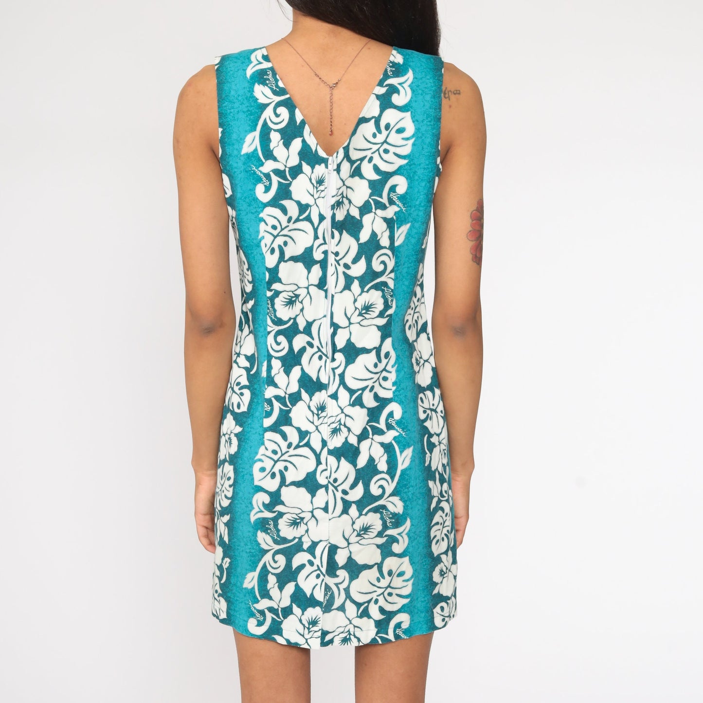 90s Hawaiian Floral Mini Sundress Blue Sleeveless Sheath Small S
