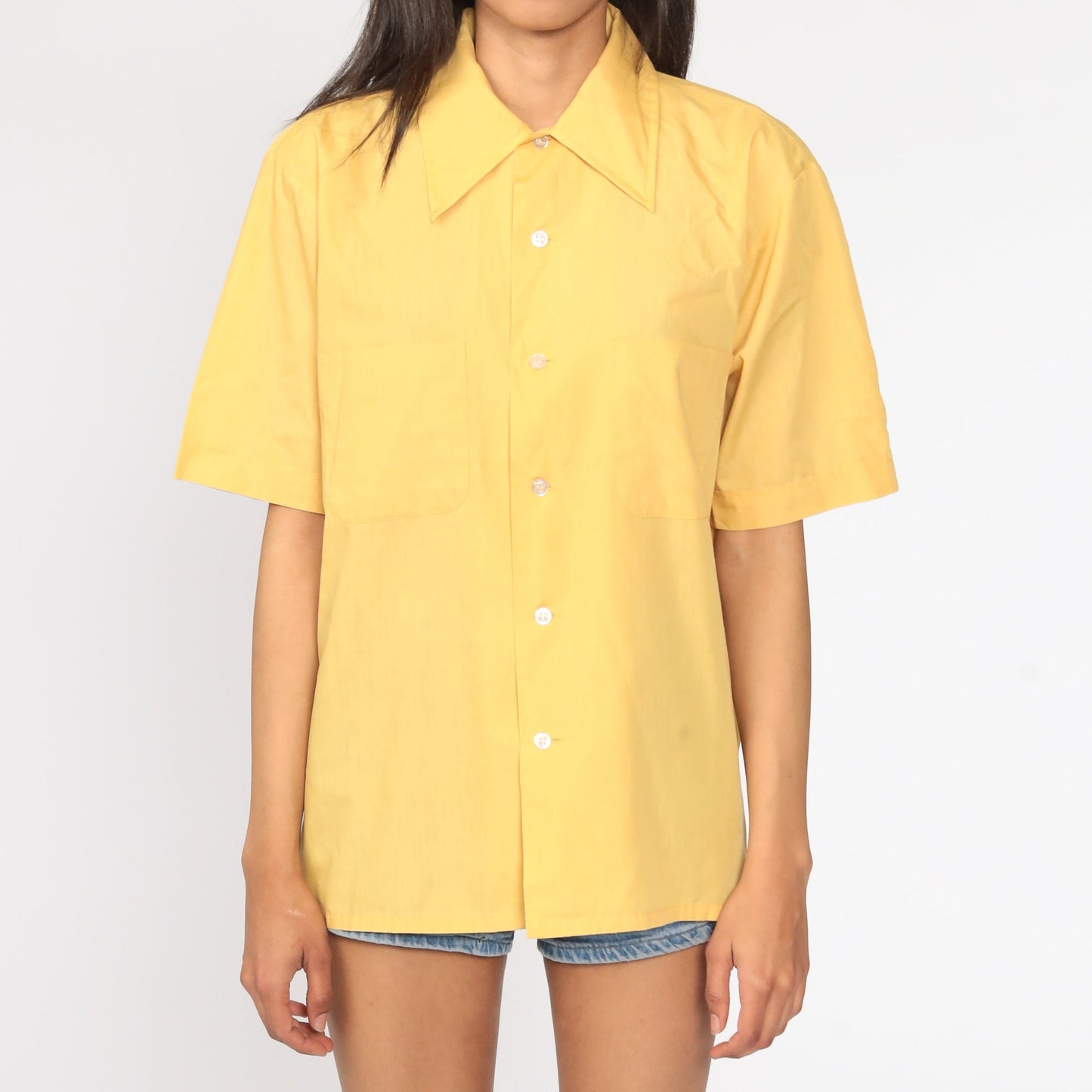 70s Yellow Button-Up Shirt Pointed Collar Short Sleeve Disco Blouse Large