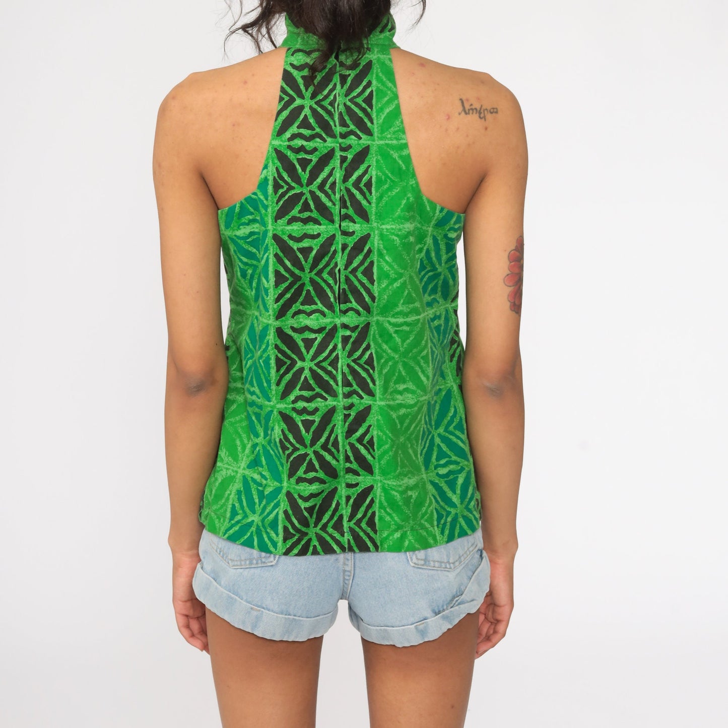 90s Tribal Print Tank Top Green Keyhole Choker Cotton Small