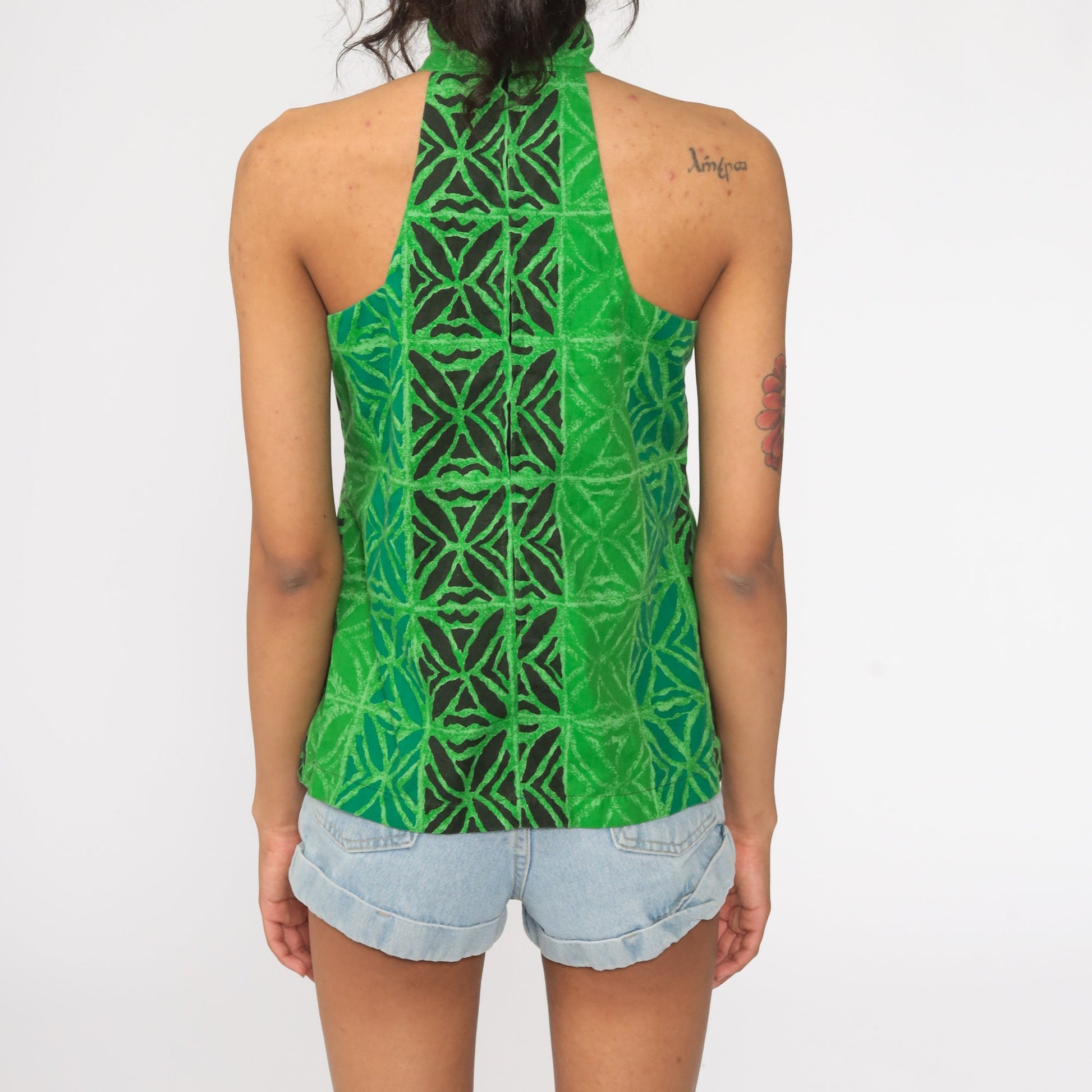 90s Tribal Print Tank Top Green Keyhole Choker Cotton Small