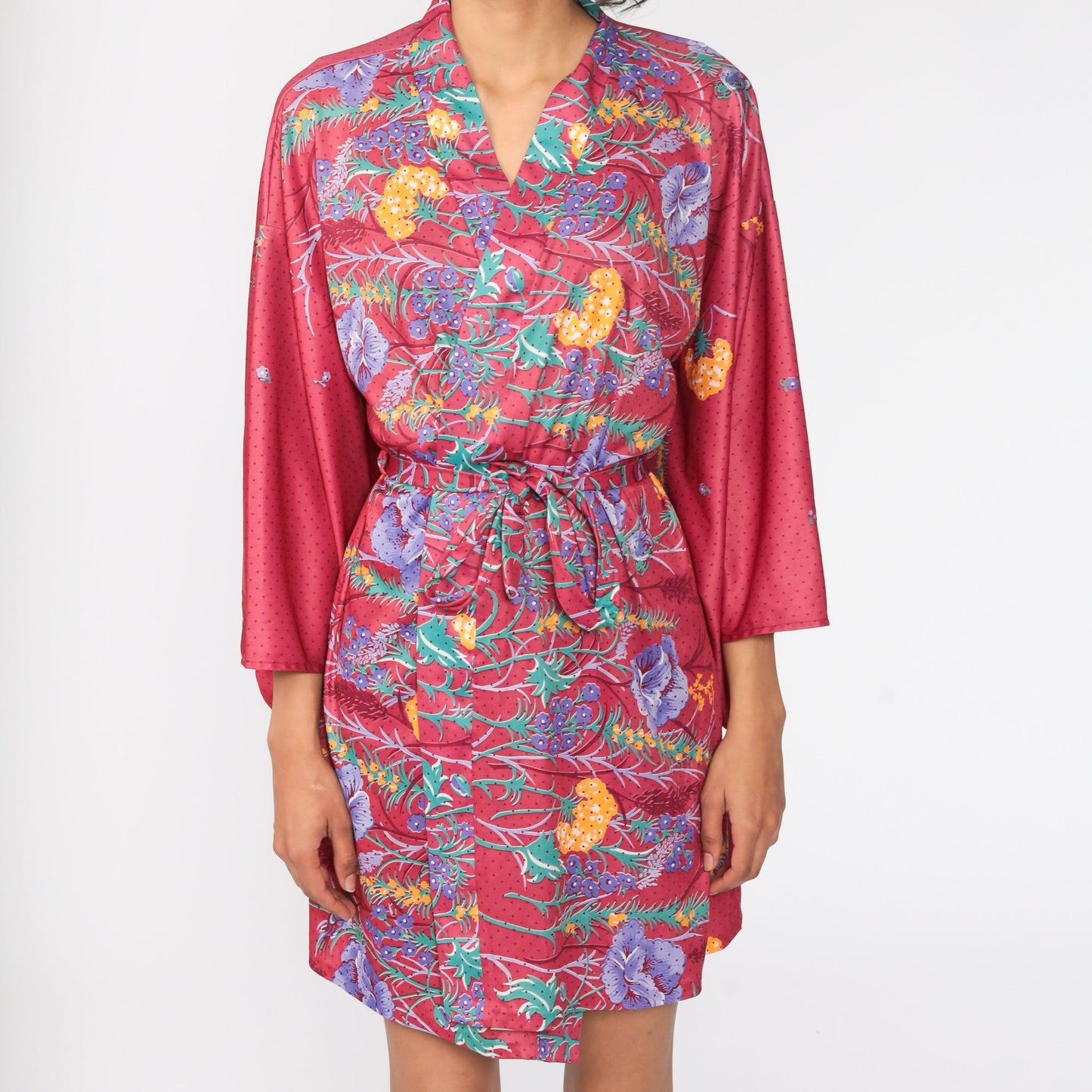 70s Floral Kimono Robe Wrap Dressing Gown Tropical Print Medium Large