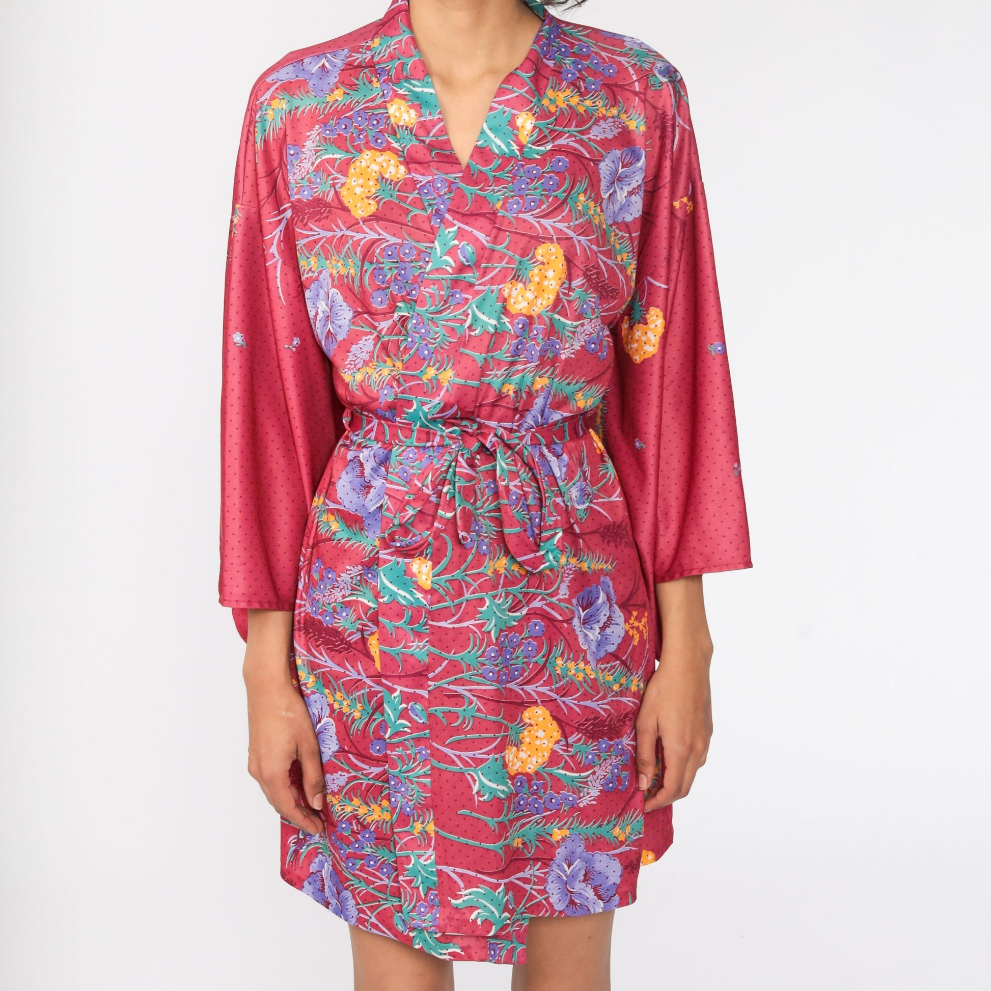 70s Floral Kimono Robe Wrap Dressing Gown Tropical Print Medium Large