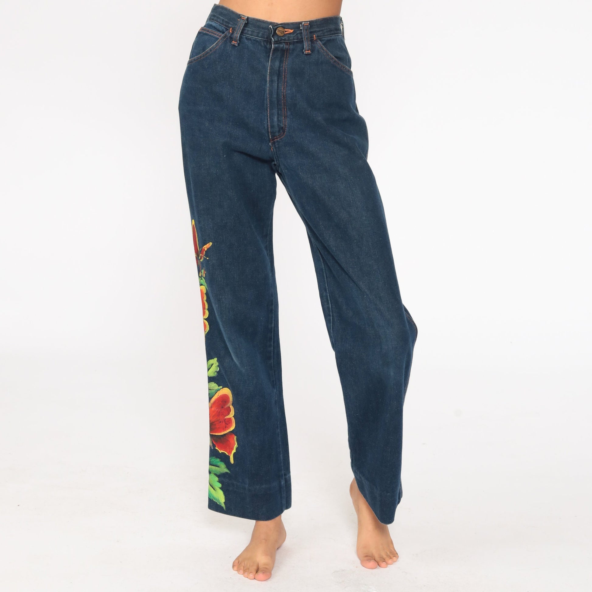70s Wrangler Painted Butterfly Floral High Waist Straight Leg Jeans Blue 26