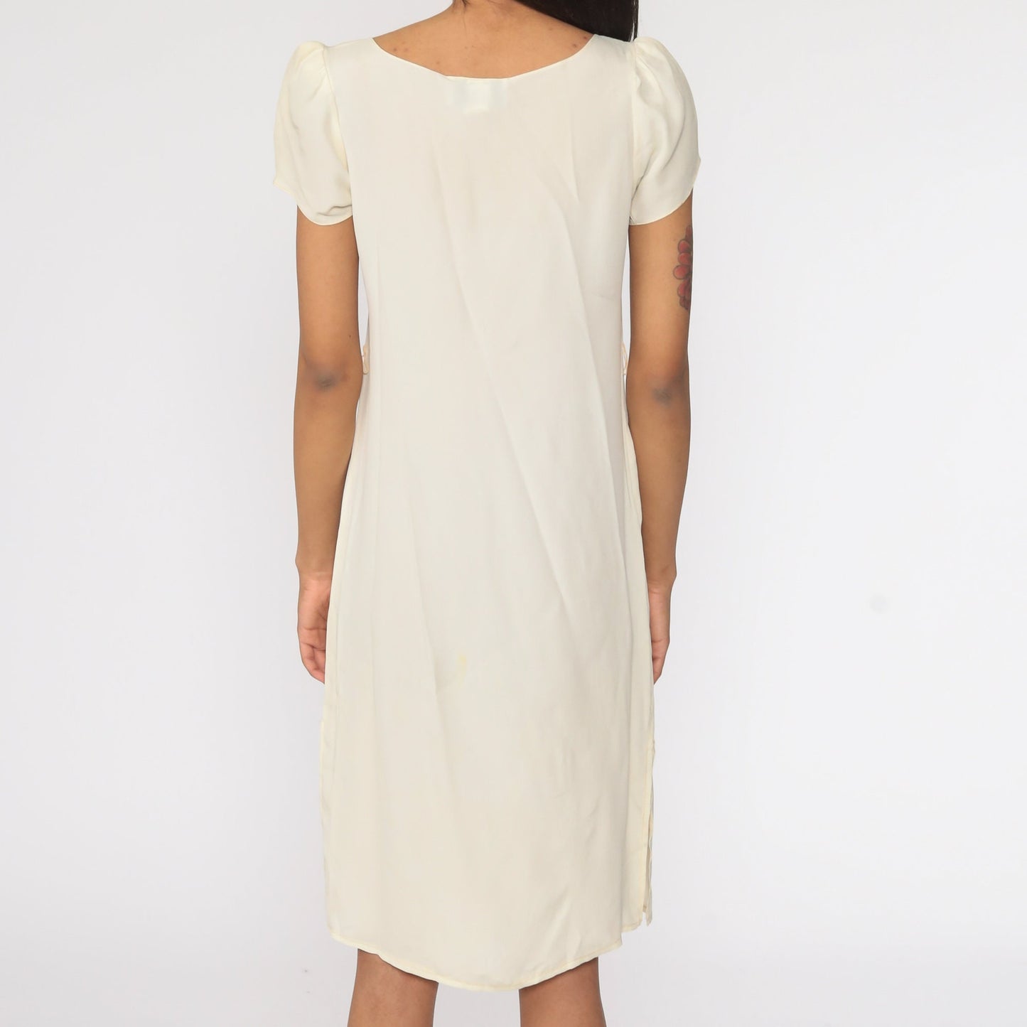 70s Cream Mini Shift Dress Puff Sleeve Cutout Bow Extra Small XS