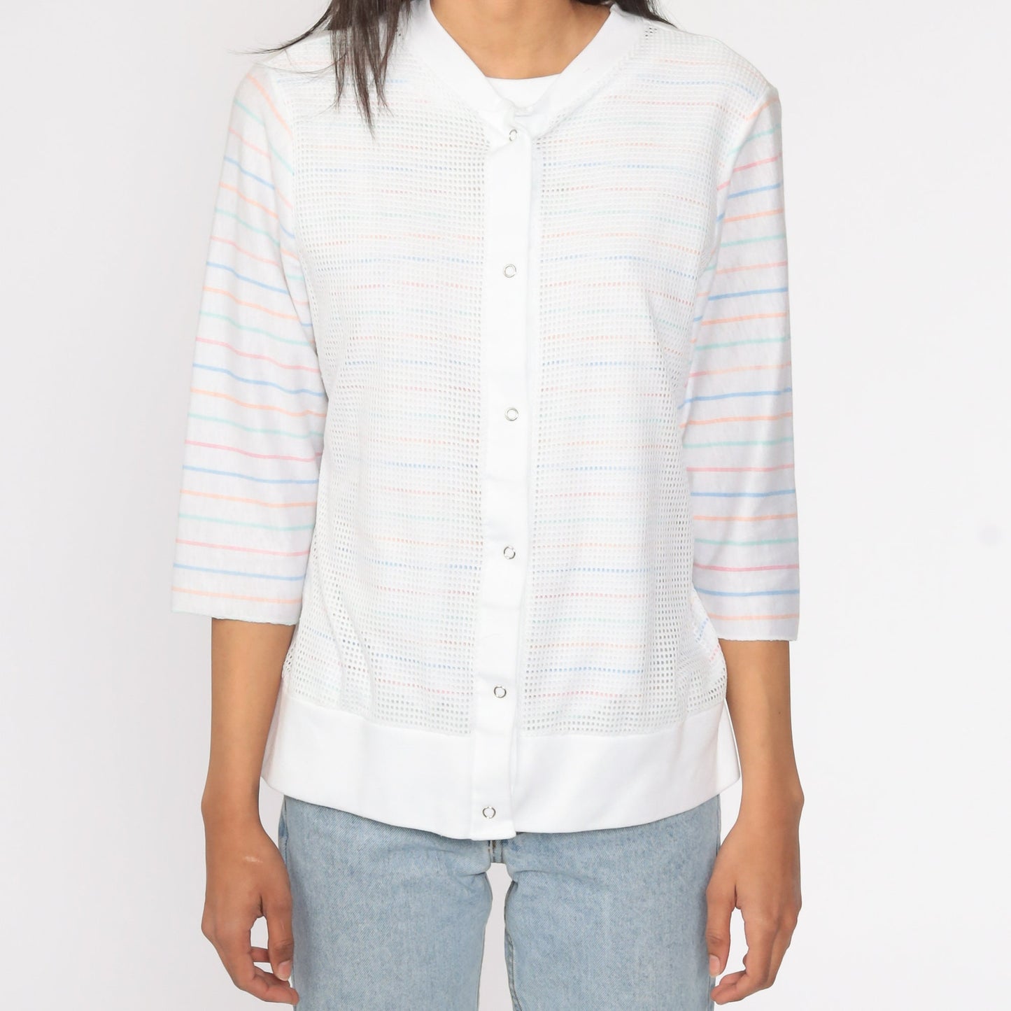80s White Striped Mesh 3/4 Sleeve Shirt Medium