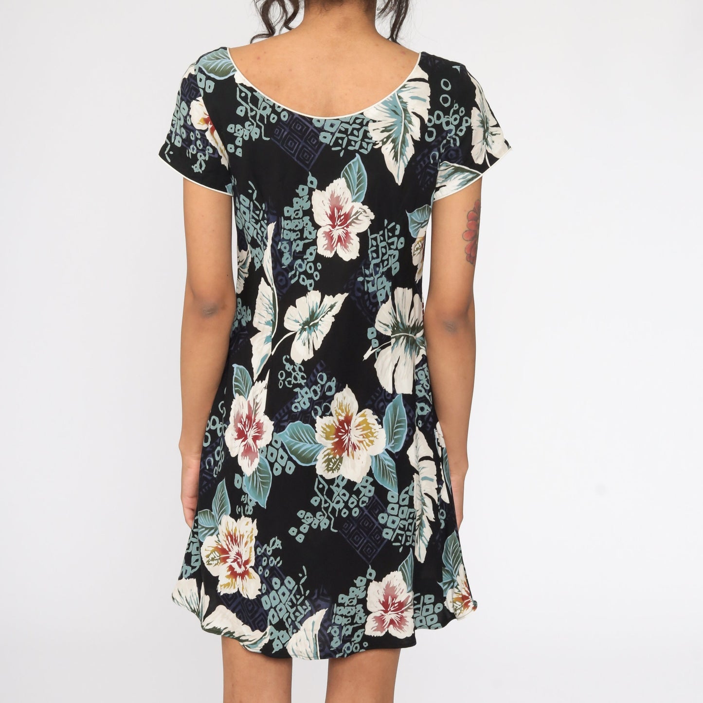 90s Floral Mini Dress Black Tropical Flower Print Shift Sundress Small