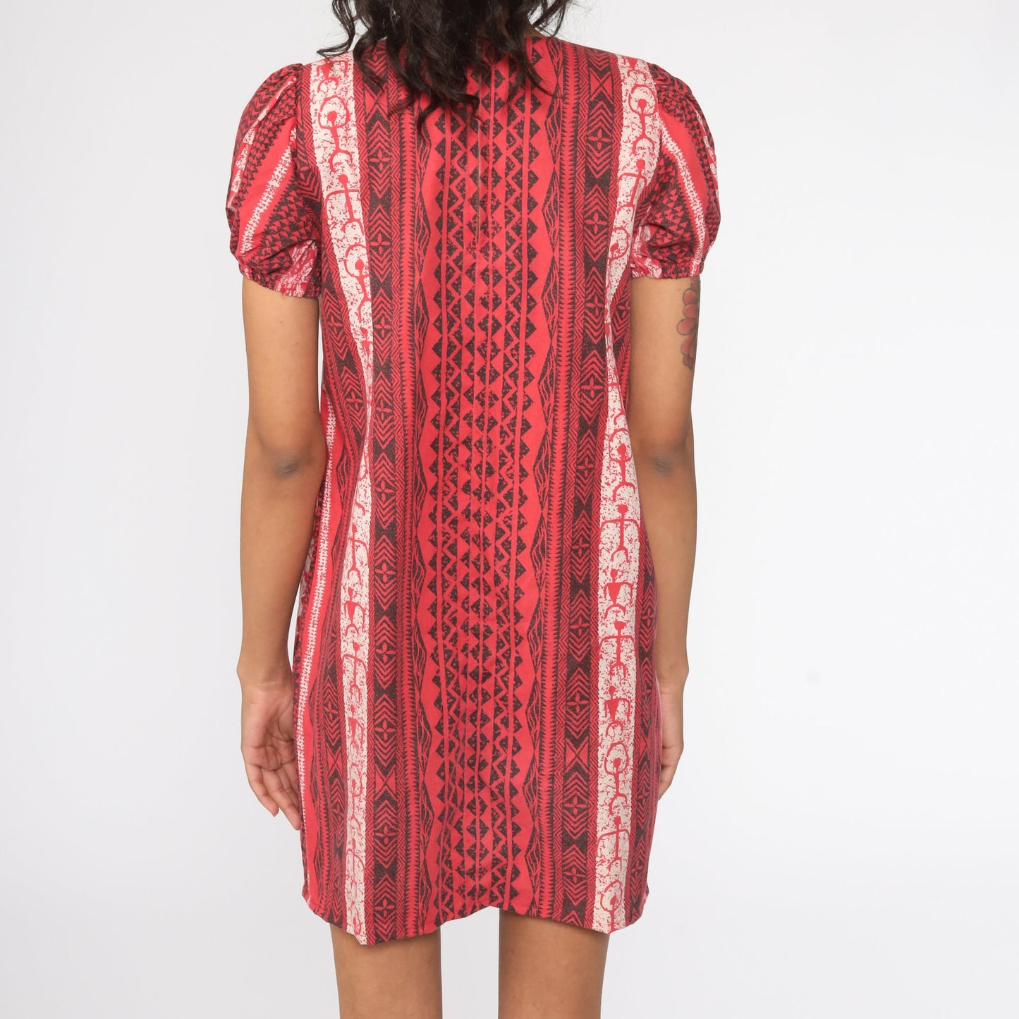 80s Red Geometric Tribal Puff Sleeve Mini Dress Shift Cut Small