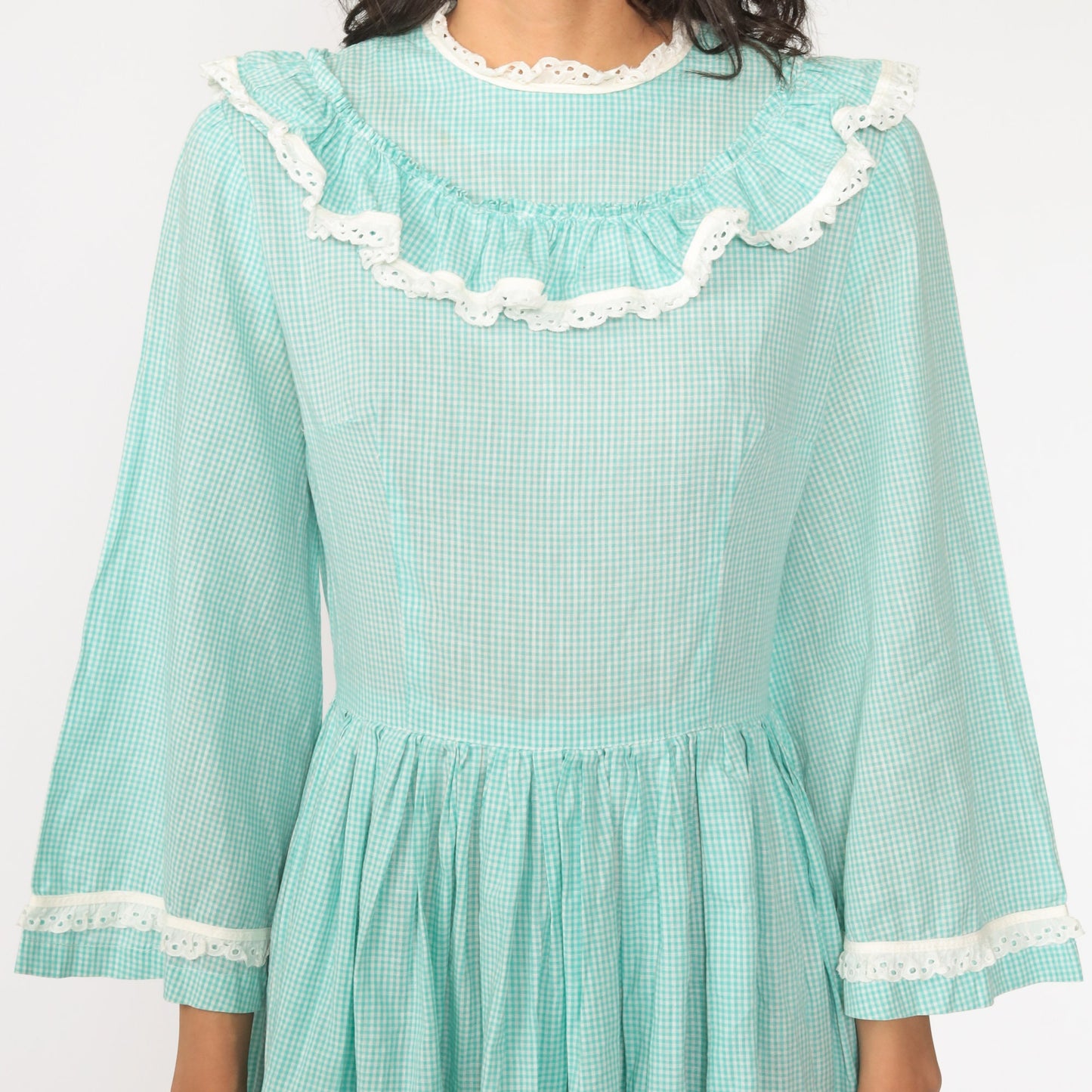 1960s Gingham Mini Dress Bell Sleeve Eyelet Lace Bluish Green Small