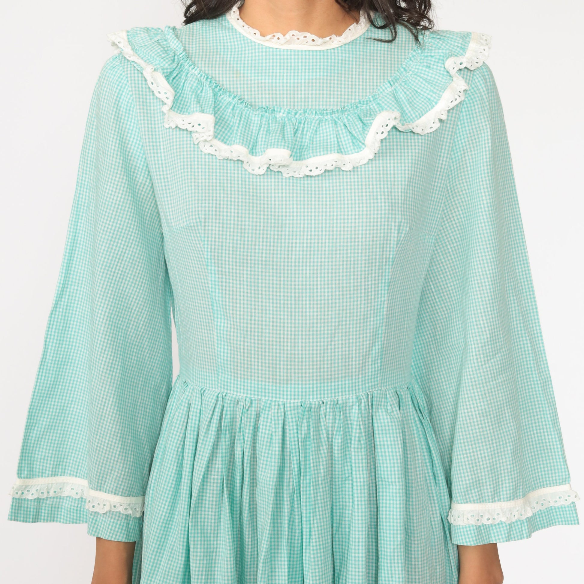 1960s Gingham Mini Dress Bell Sleeve Eyelet Lace Bluish Green Small