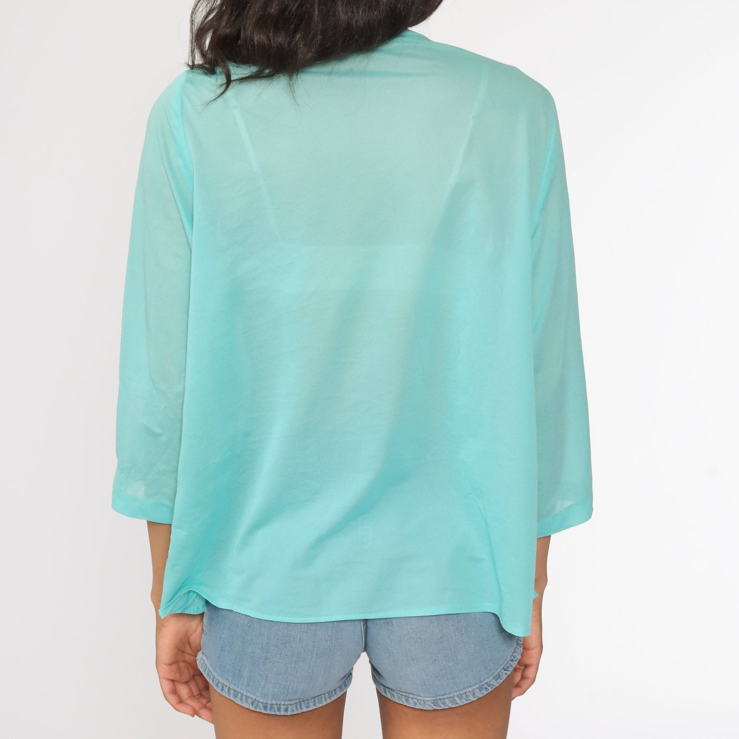 70s Sheer Blue Blouse Tie Neck Pleated Long Sleeve Top Medium Large