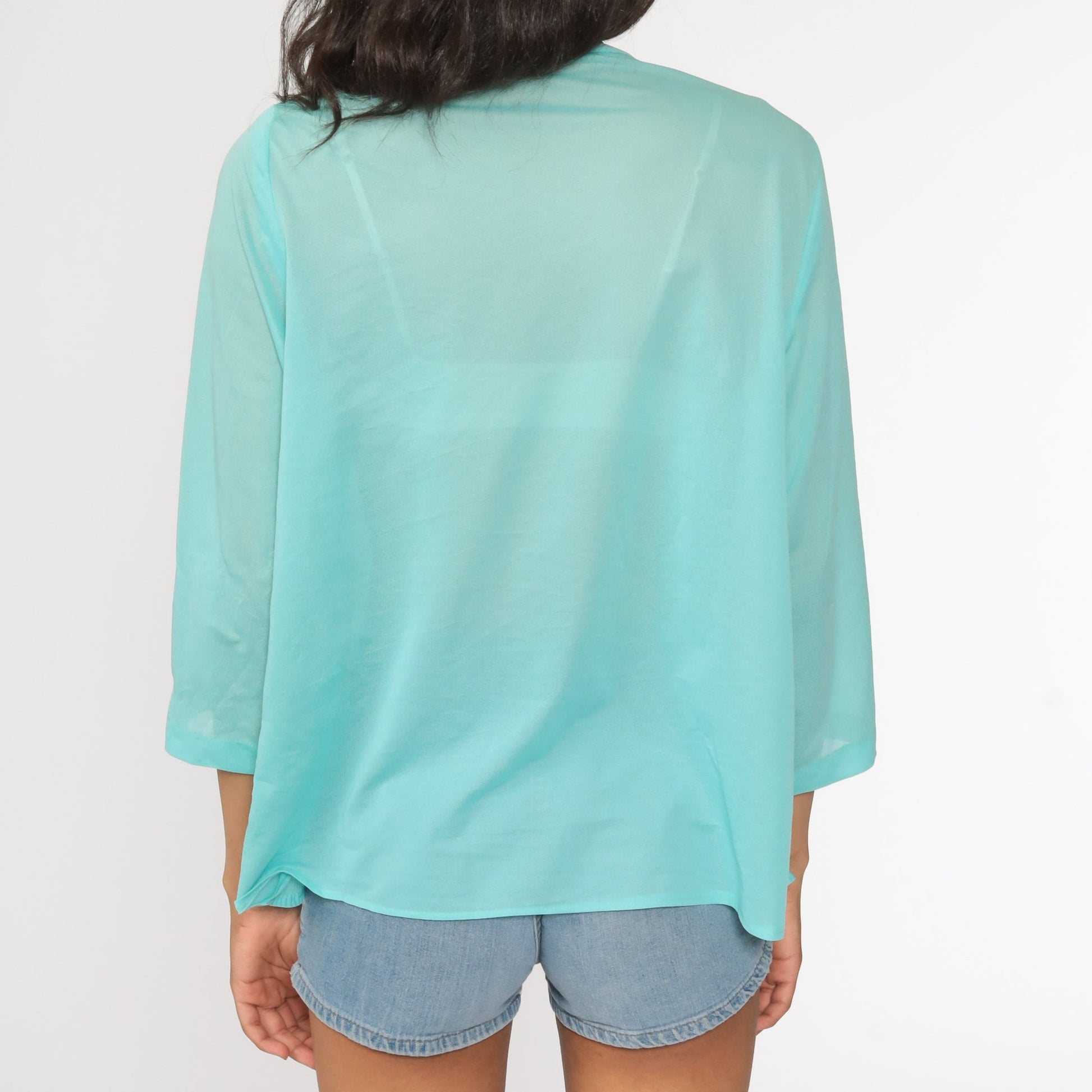 70s Sheer Blue Blouse Tie Neck Pleated Long Sleeve Top Medium Large