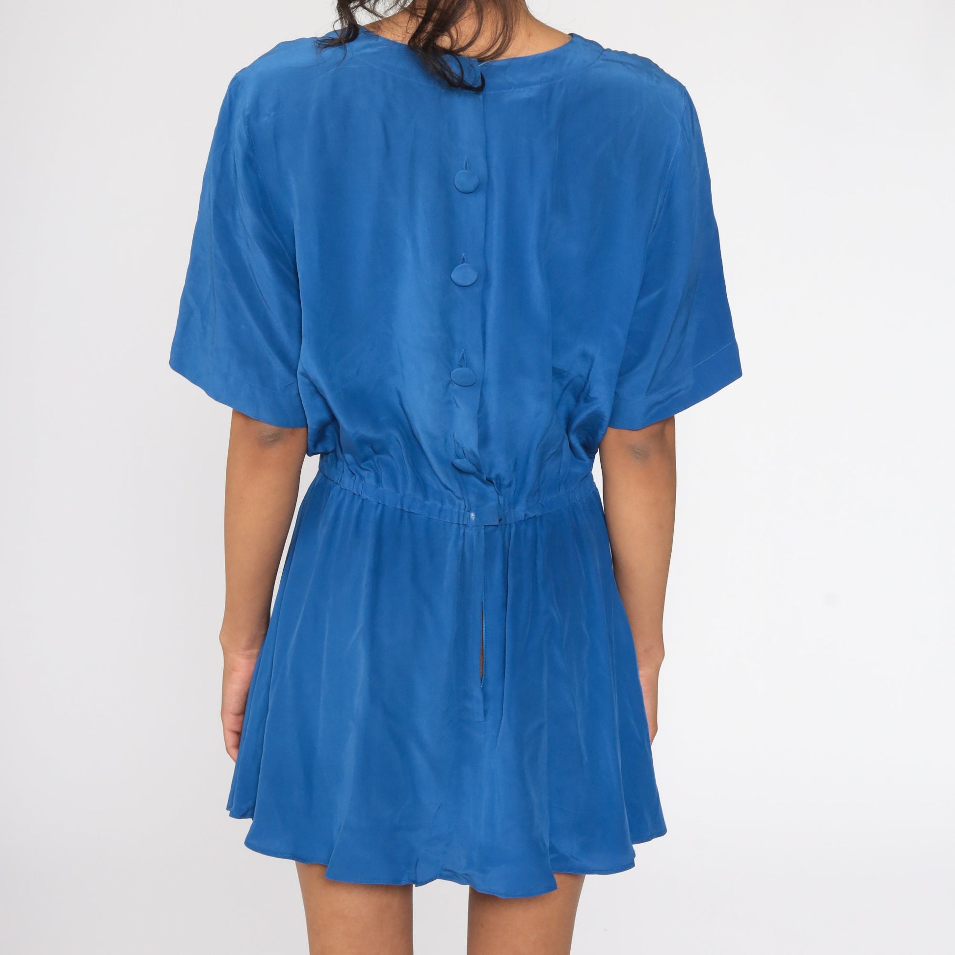 80s Blue Silk Mini Dress High Waist Button Back Short Sleeve Medium