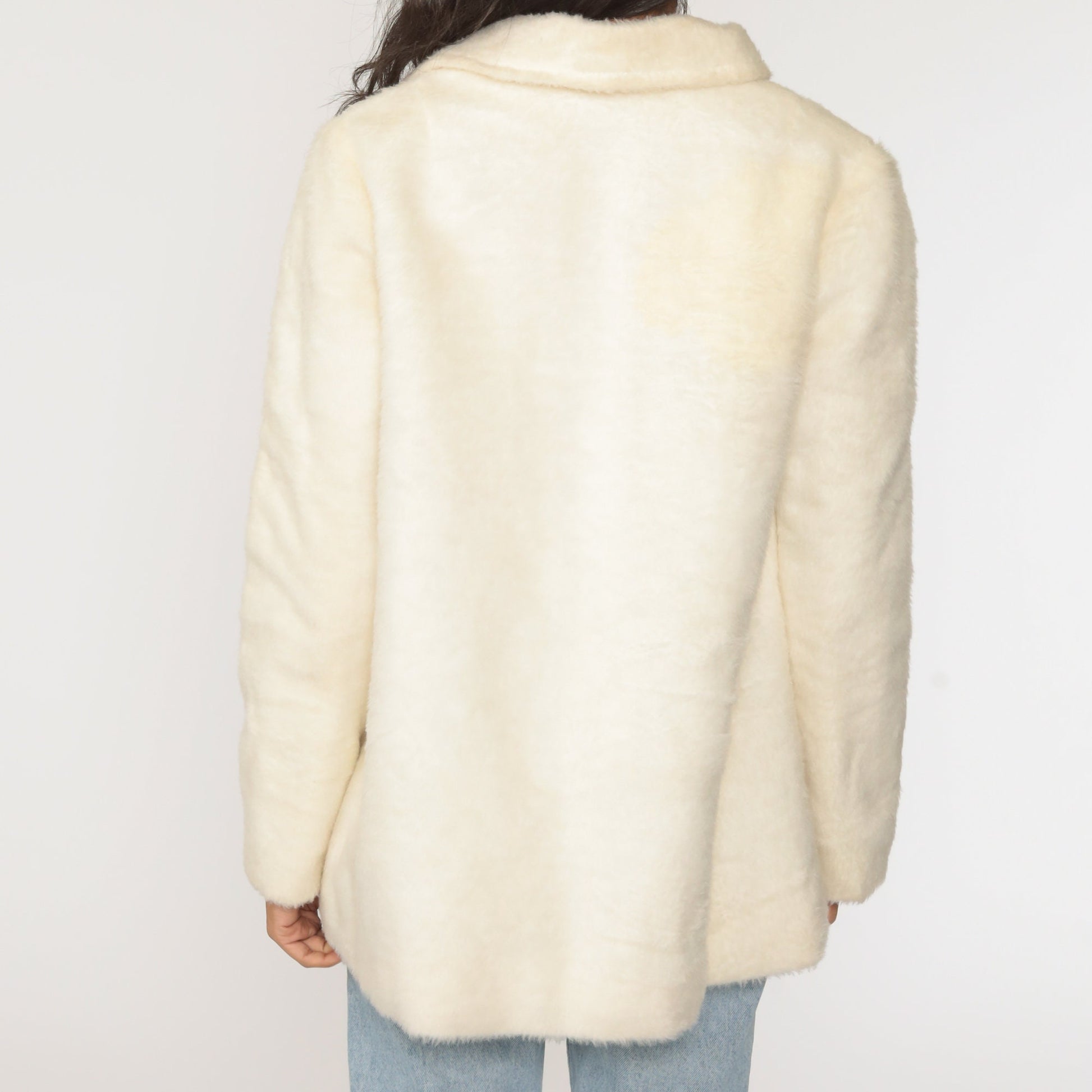 60s Off-White Faux Fur Coat Vintage Jacket Large L