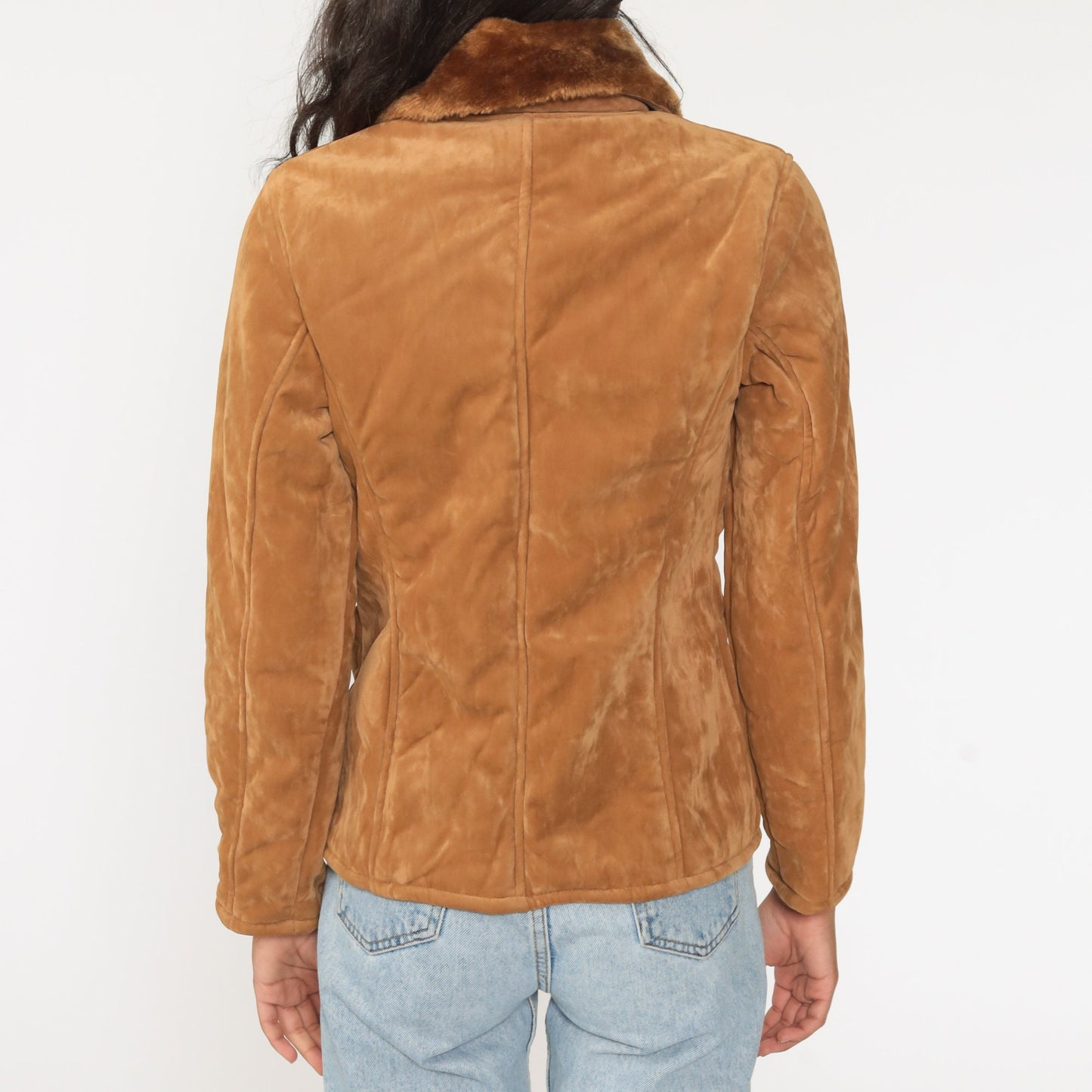 00s Brown Velour Jacket Faux Fur Trim Y2K Short Coat Medium