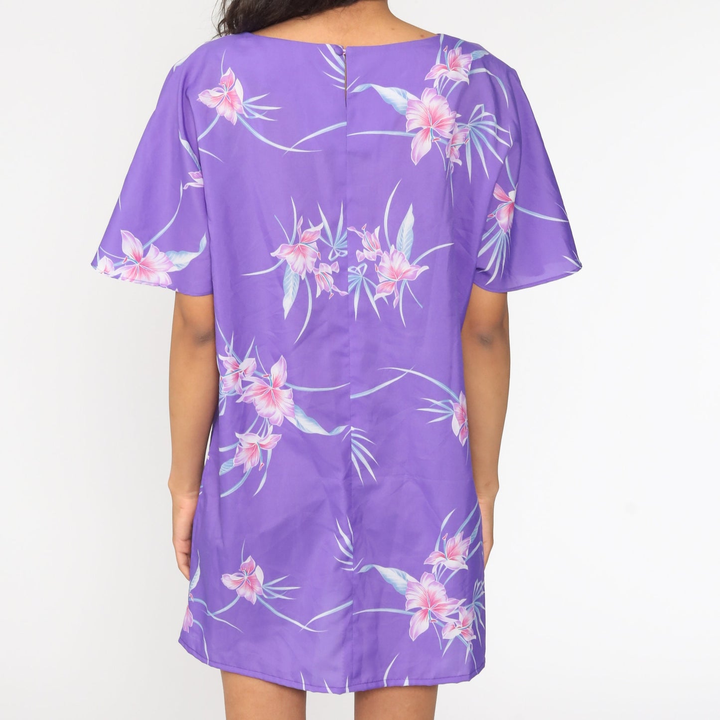 80s Floral Shift Dress Purple Tropical Flutter Sleeve Midi Medium Large