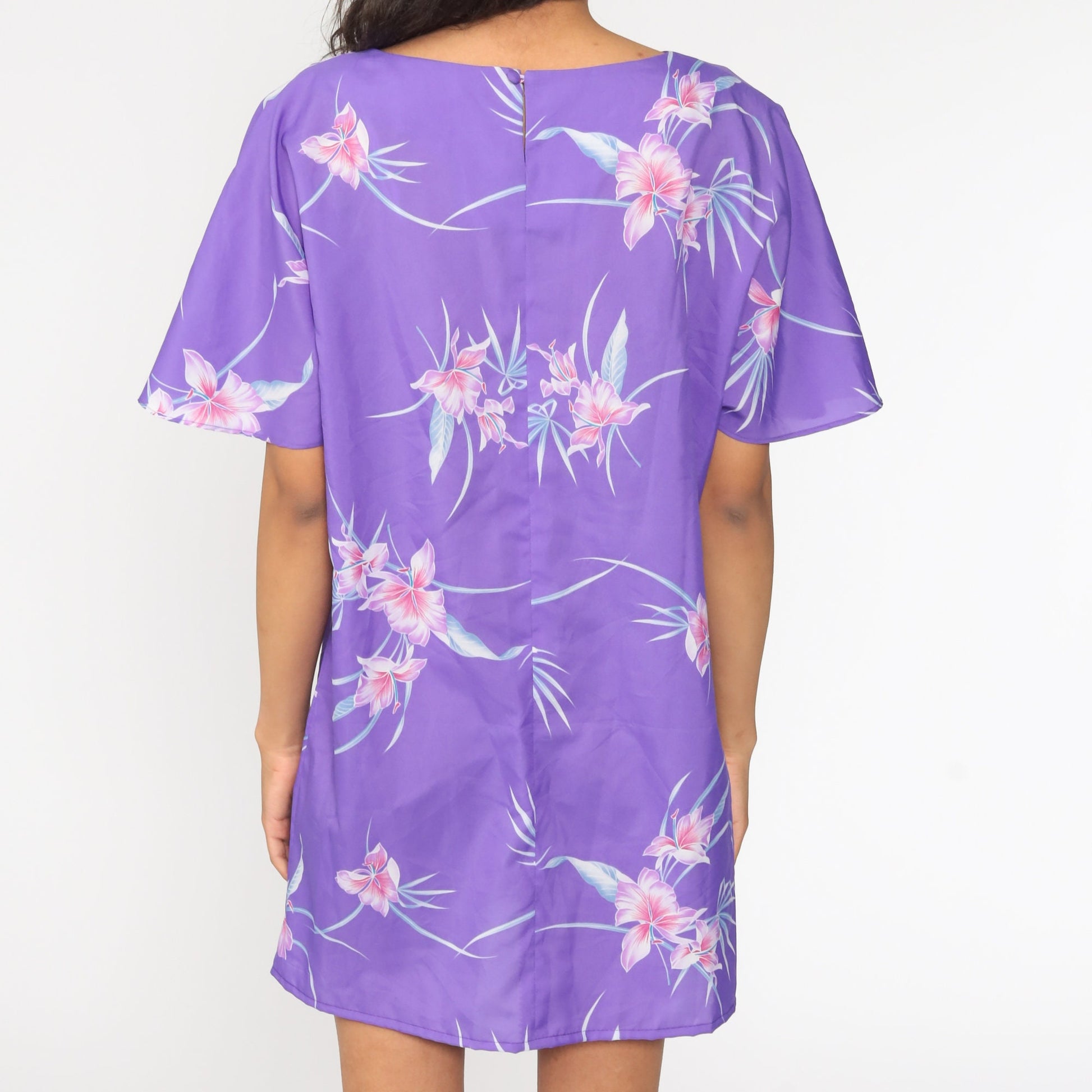 80s Floral Shift Dress Purple Tropical Flutter Sleeve Midi Medium Large