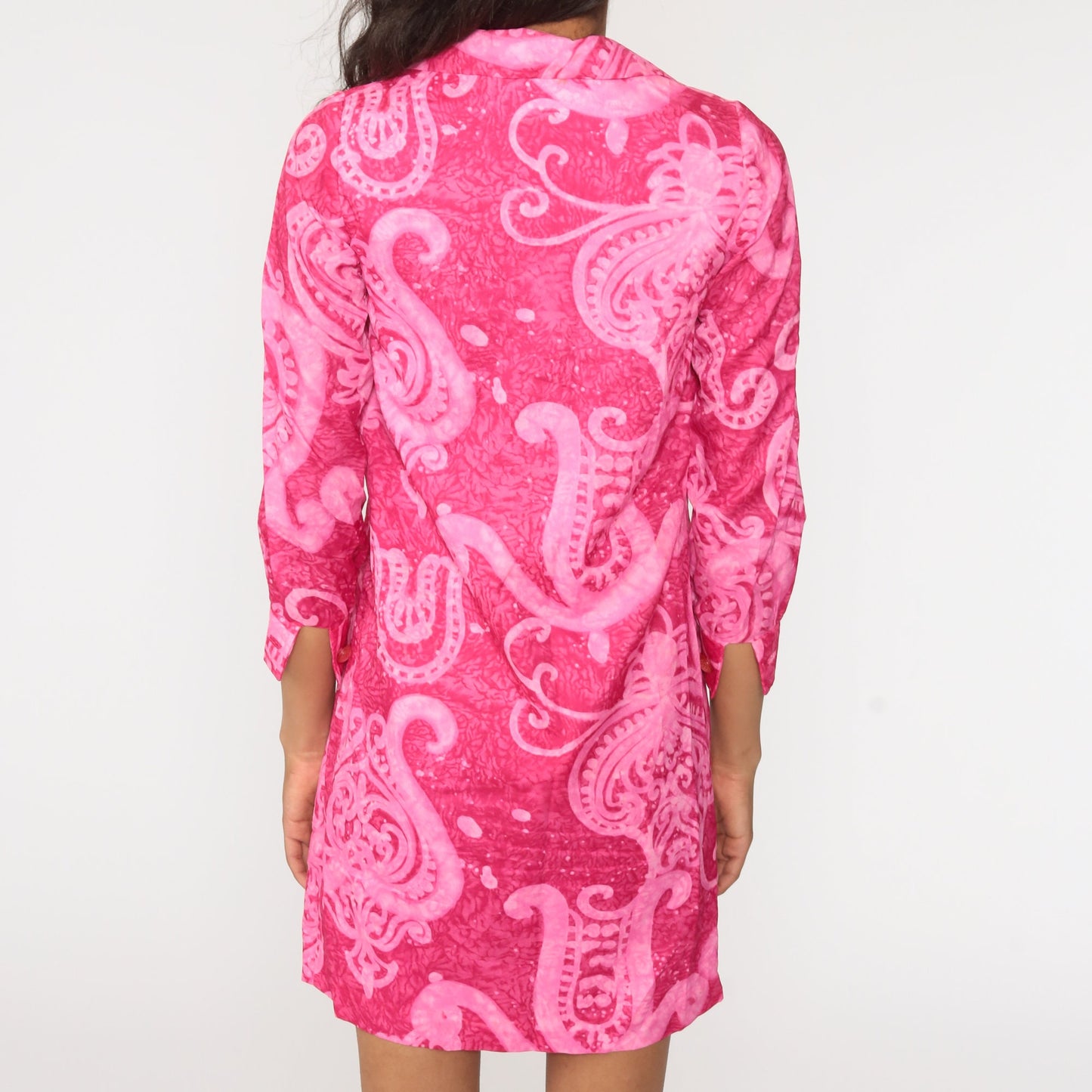 70s Pink Psychedelic Mini Shift Dress Button-Up Long Sleeve Extra Small