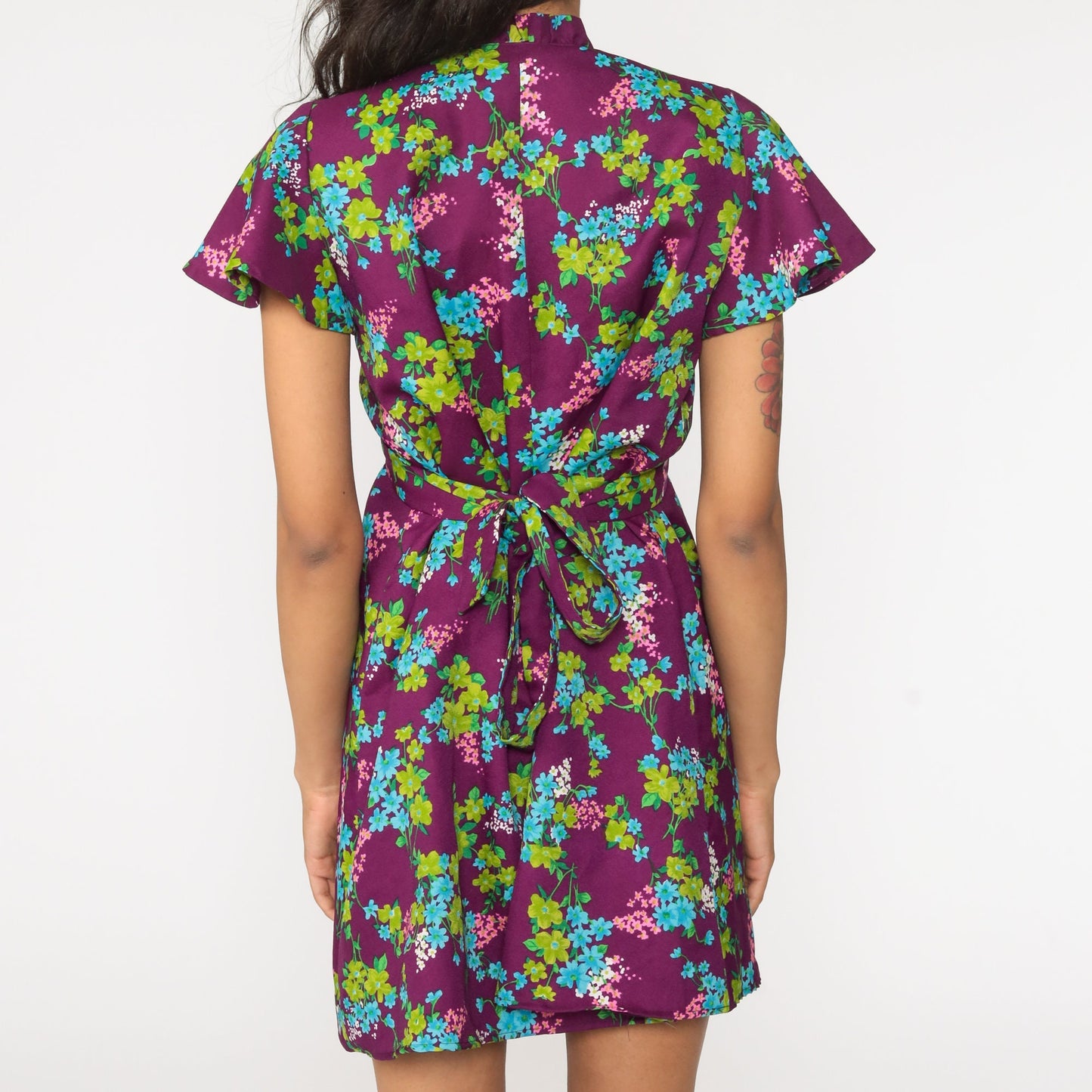 70s Floral Mini Dress Purple Green Empire Waist Flutter Sleeve Medium Large