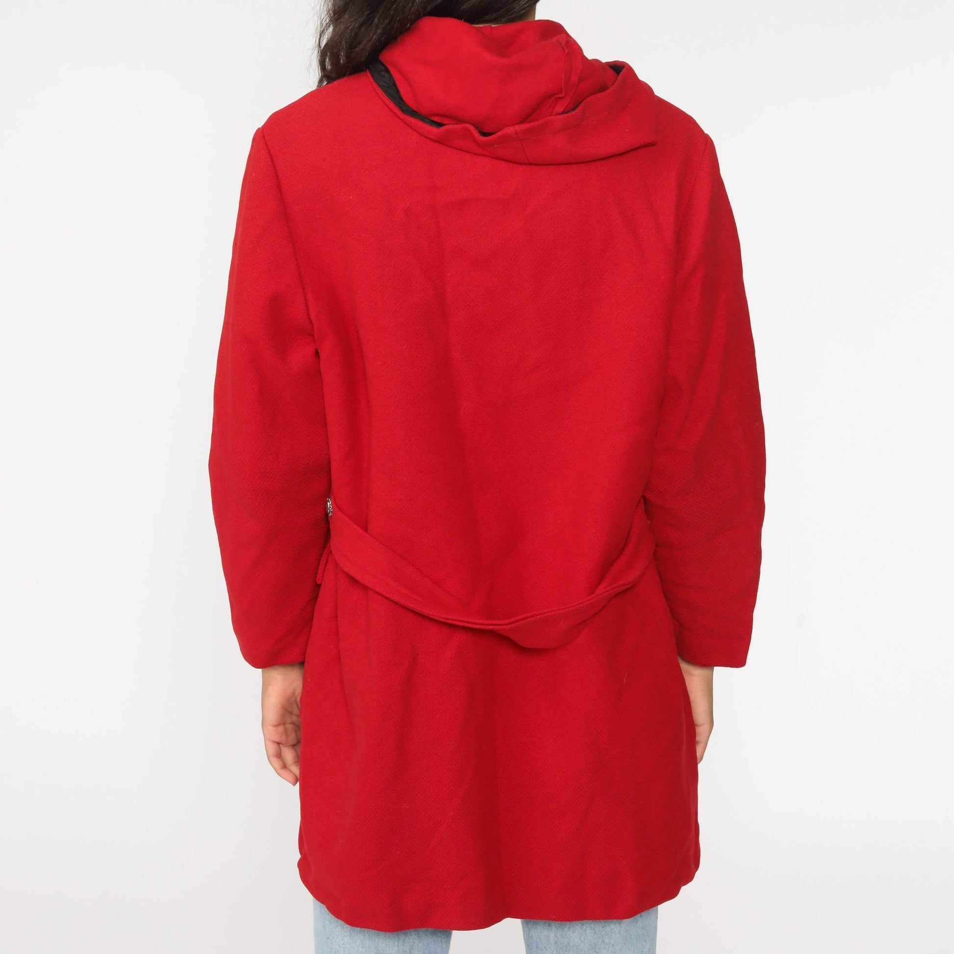 80s Red Wool Hooded Coat Zip Jacket Faux Fur Lining Extra Large XL